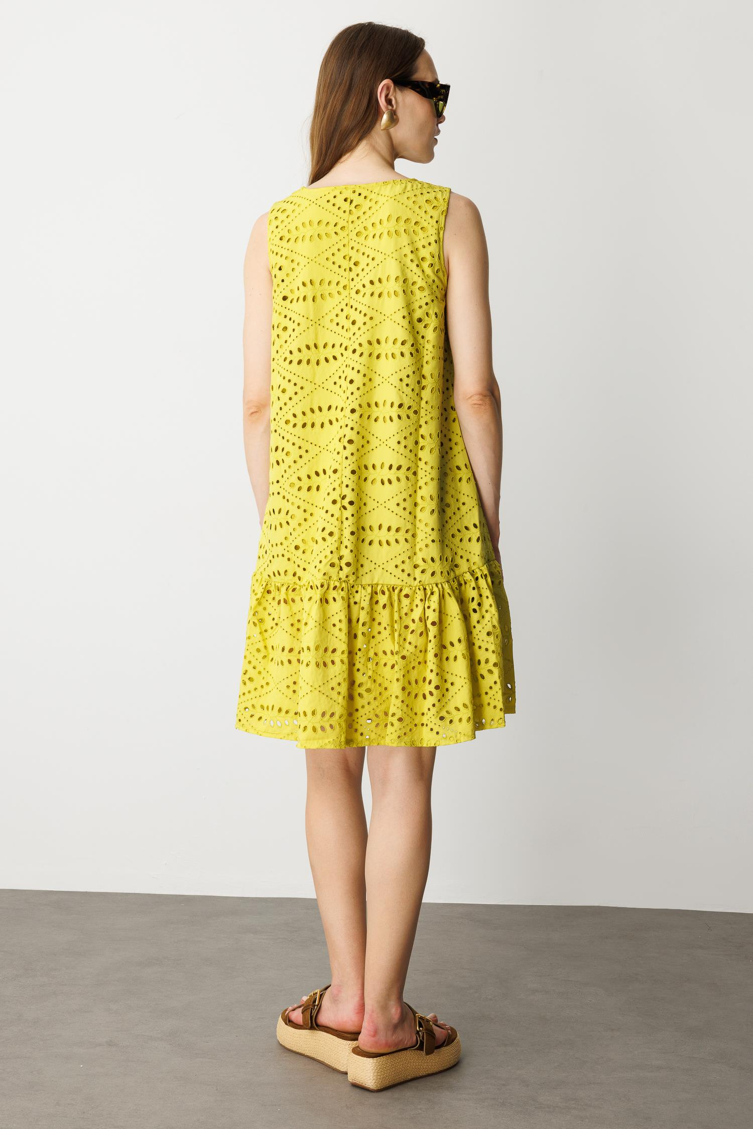 Fisto Görünüm Pamuklu Elbise-HARDAL