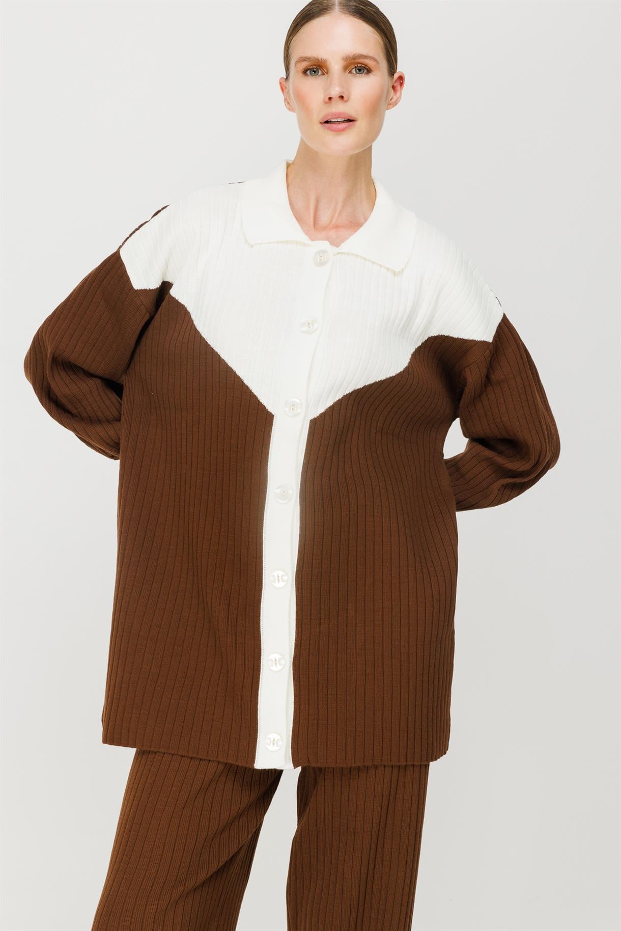 Fitilli Triko Tunik Pantolon İkili Takım - KAHVE