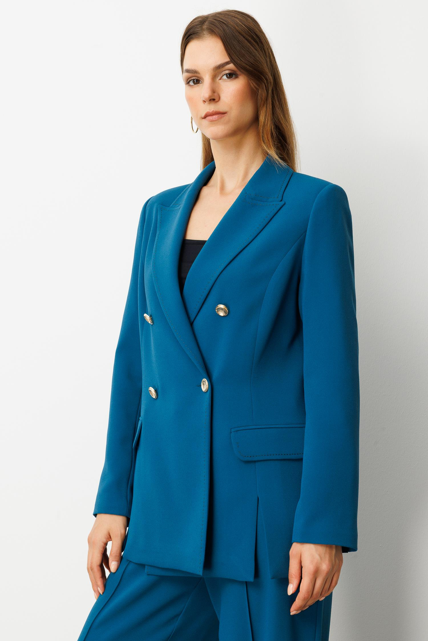 Fular Detaylı Kruvaze Ceket-PETROL