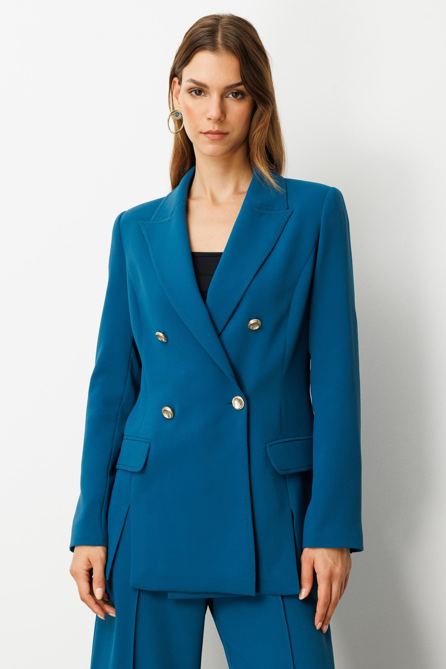 Fular Detaylı Kruvaze Ceket-PETROL