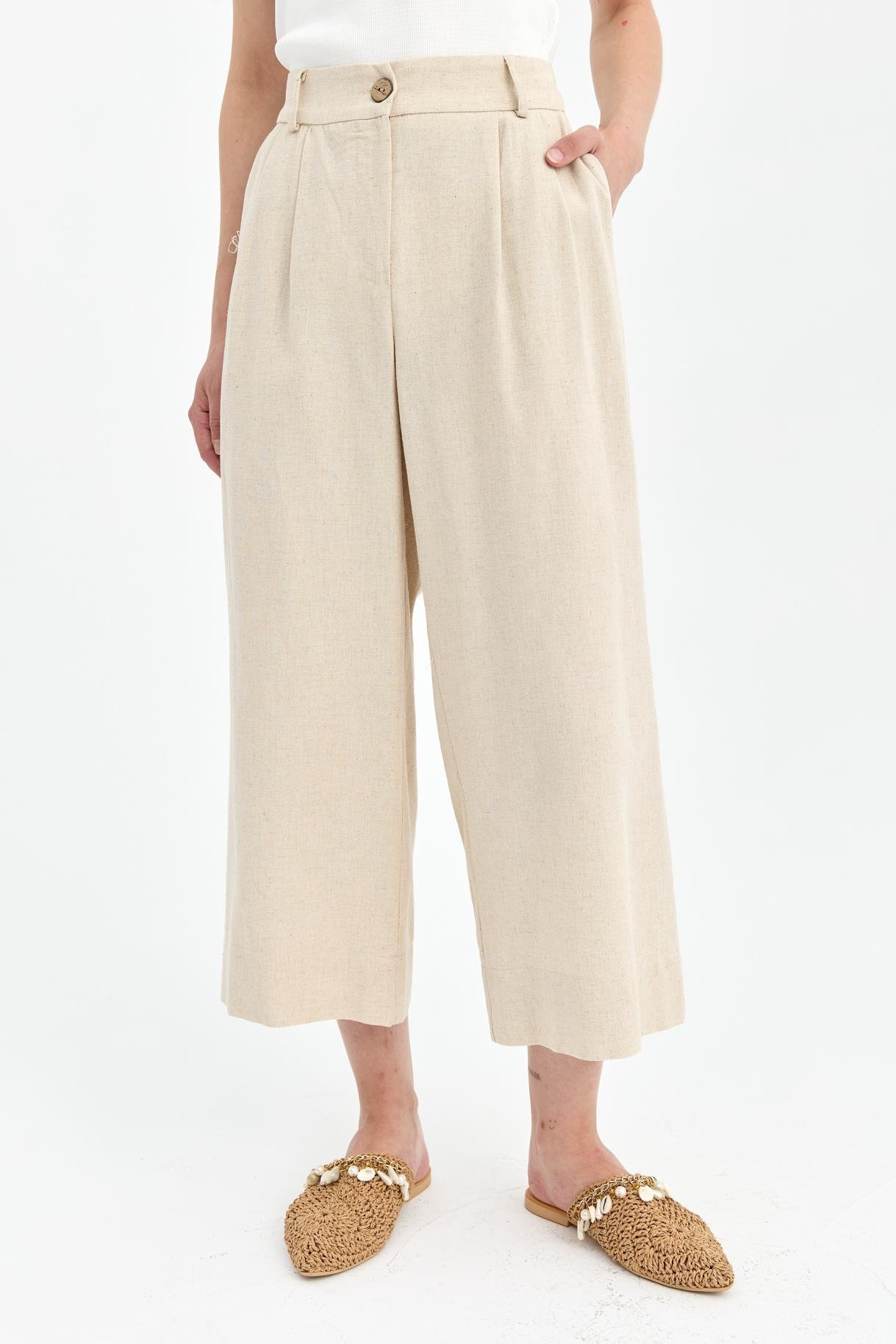 Geniş Paça Keten Pantolon - BEJ