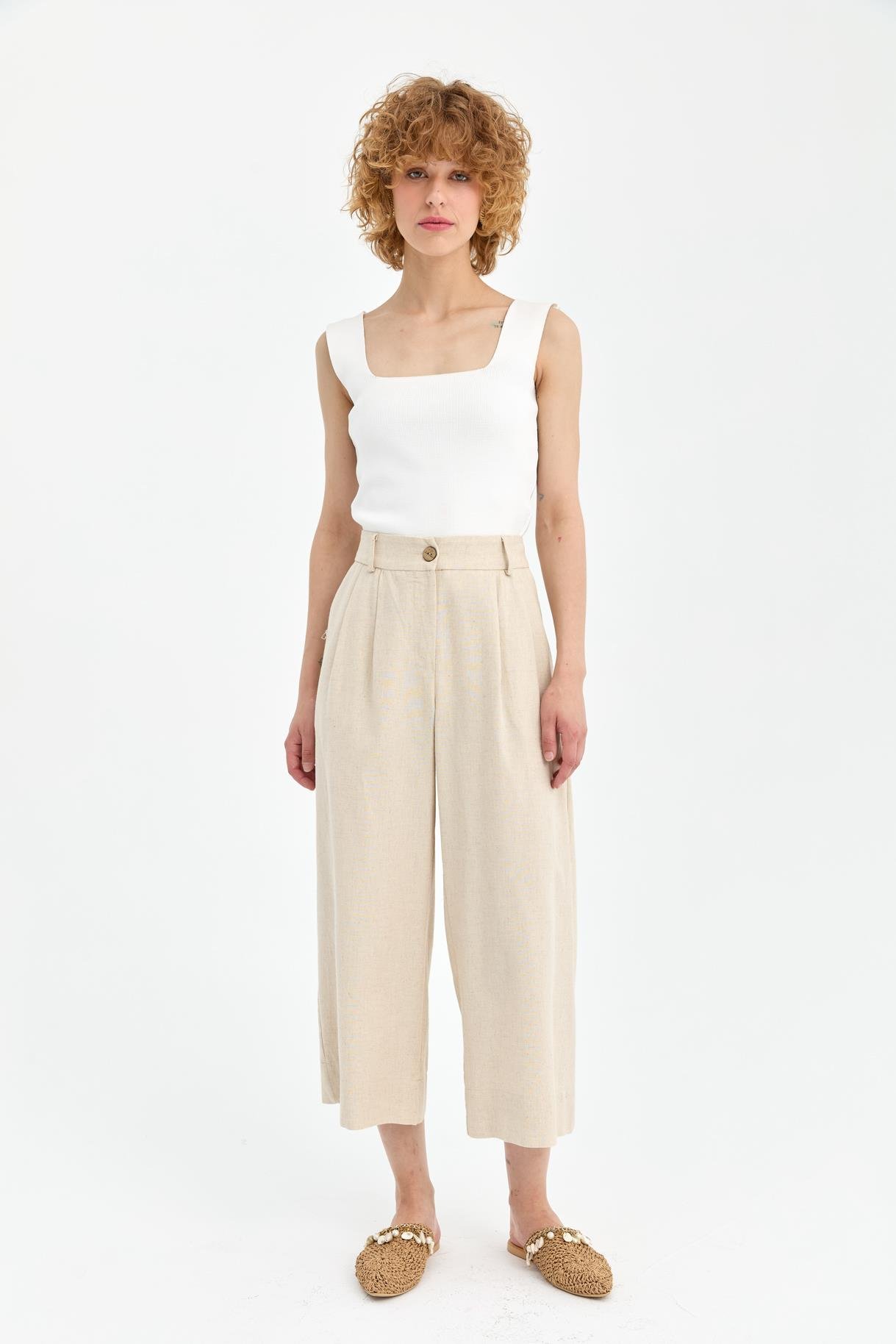 Geniş Paça Keten Pantolon - BEJ