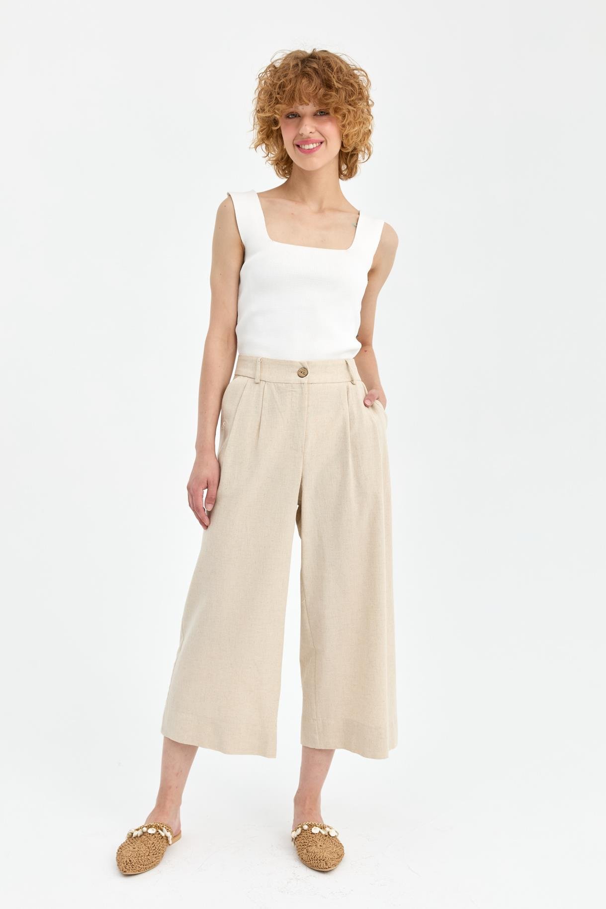 Geniş Paça Keten Pantolon - BEJ