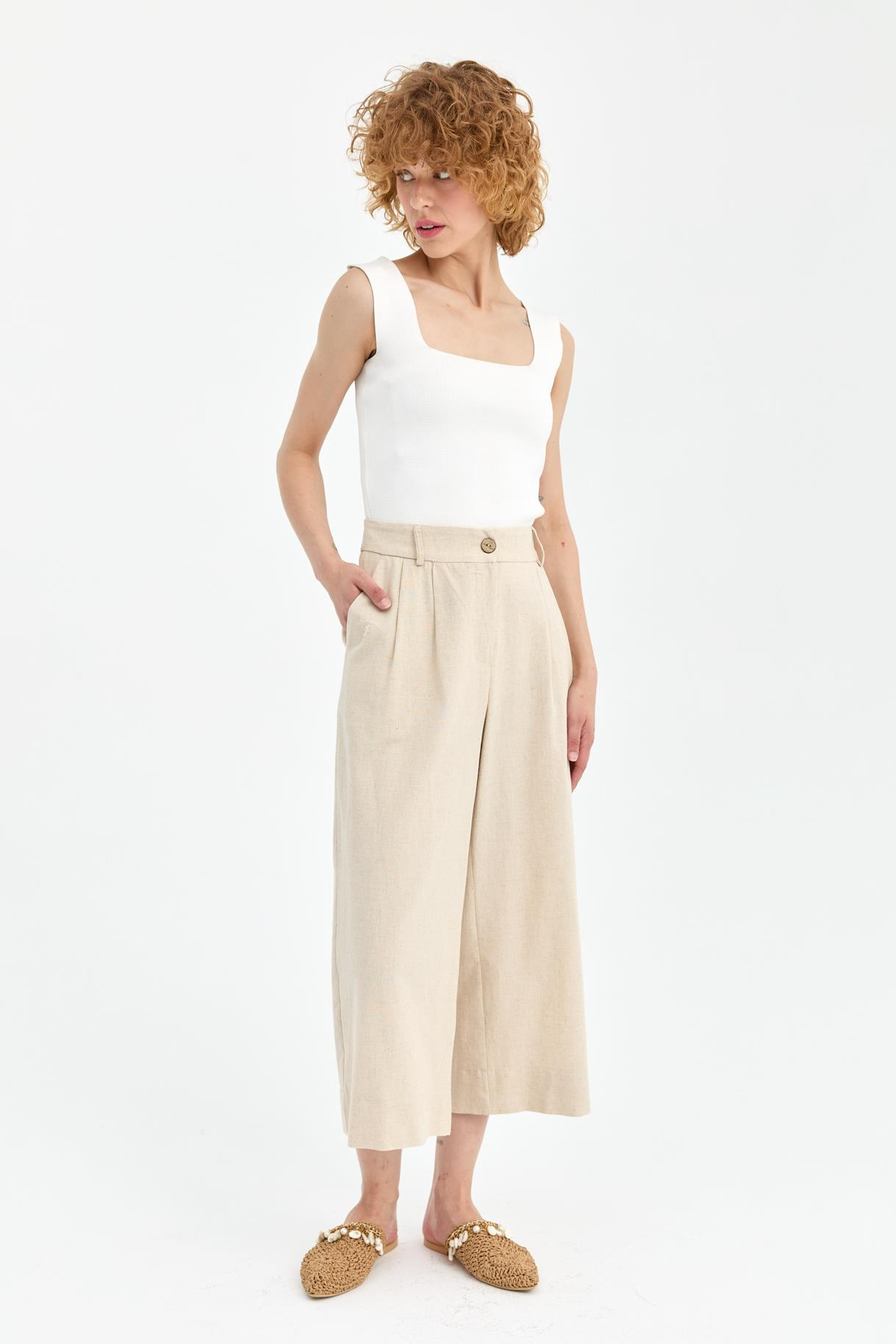 Geniş Paça Keten Pantolon - BEJ