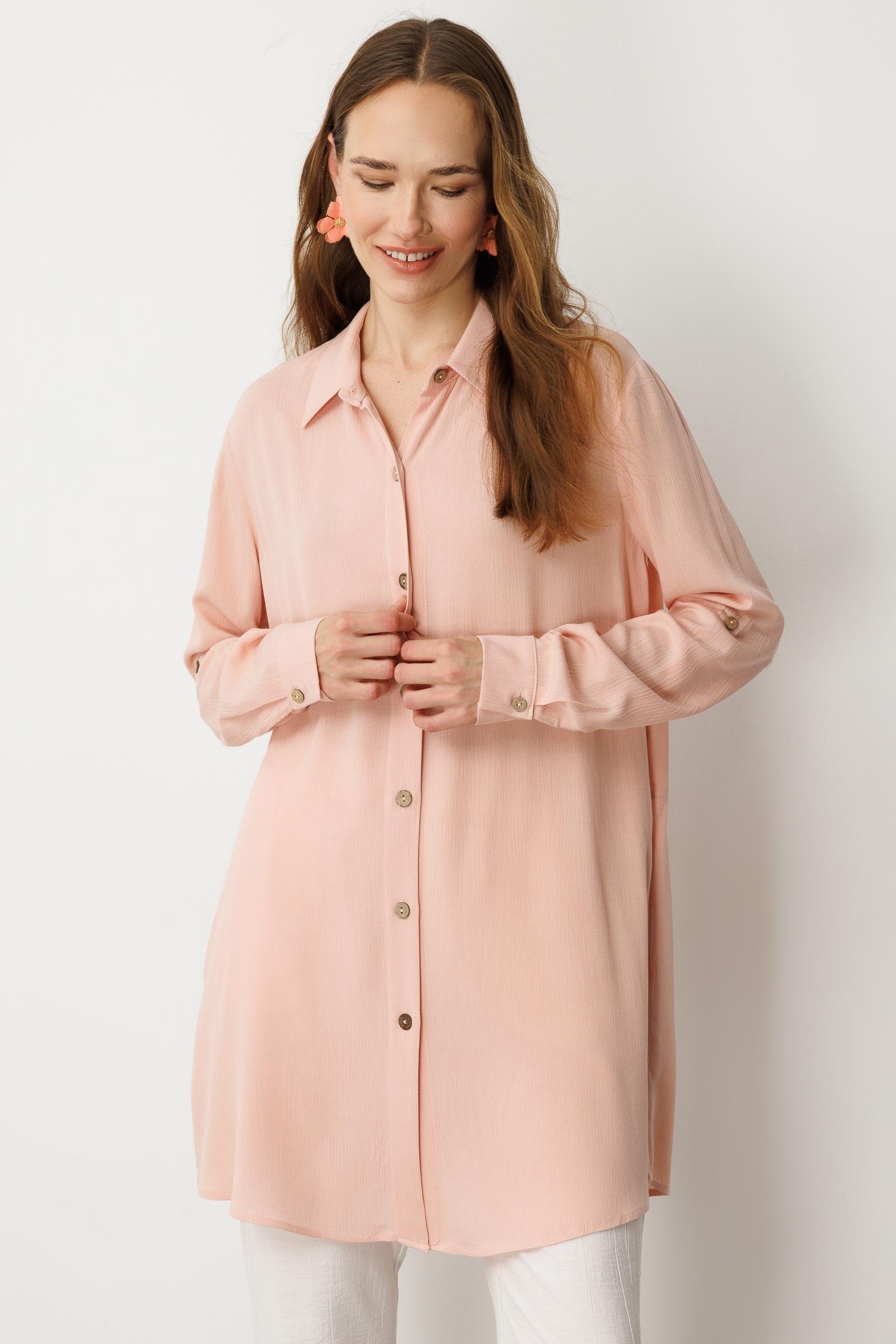 Gizli Cepli Düğme Detay Tunik Gömlek-PUDRA