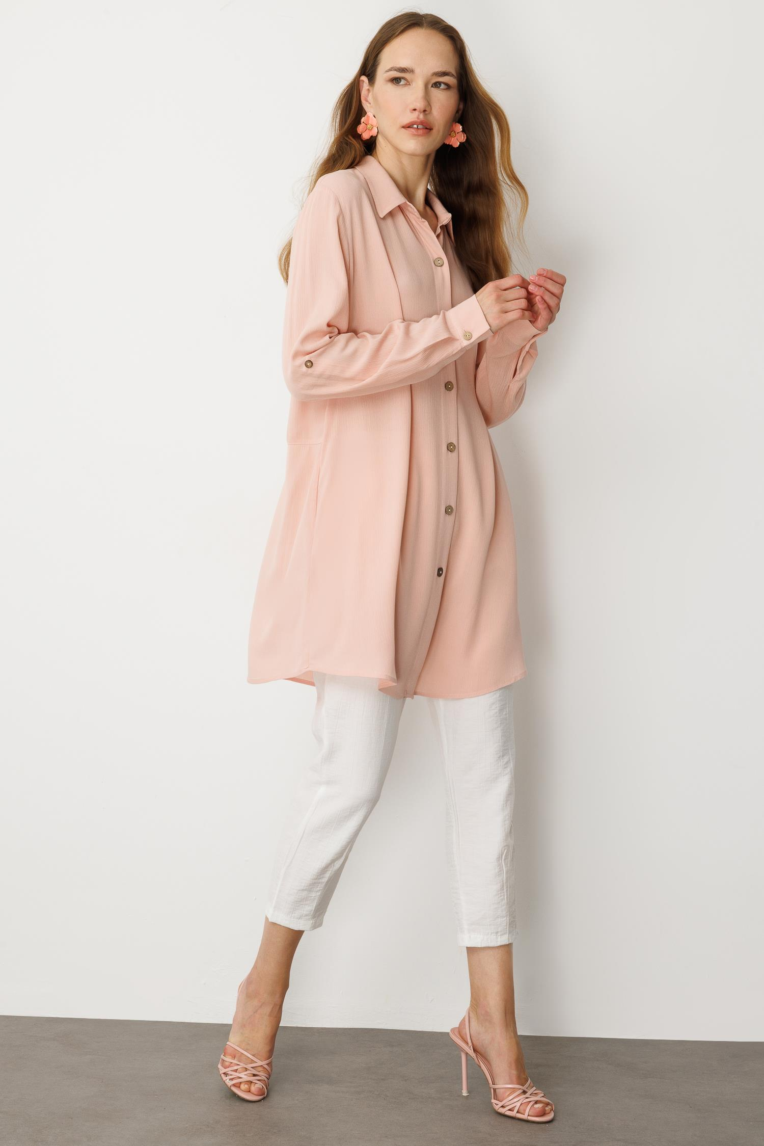 Gizli Cepli Düğme Detay Tunik Gömlek-PUDRA