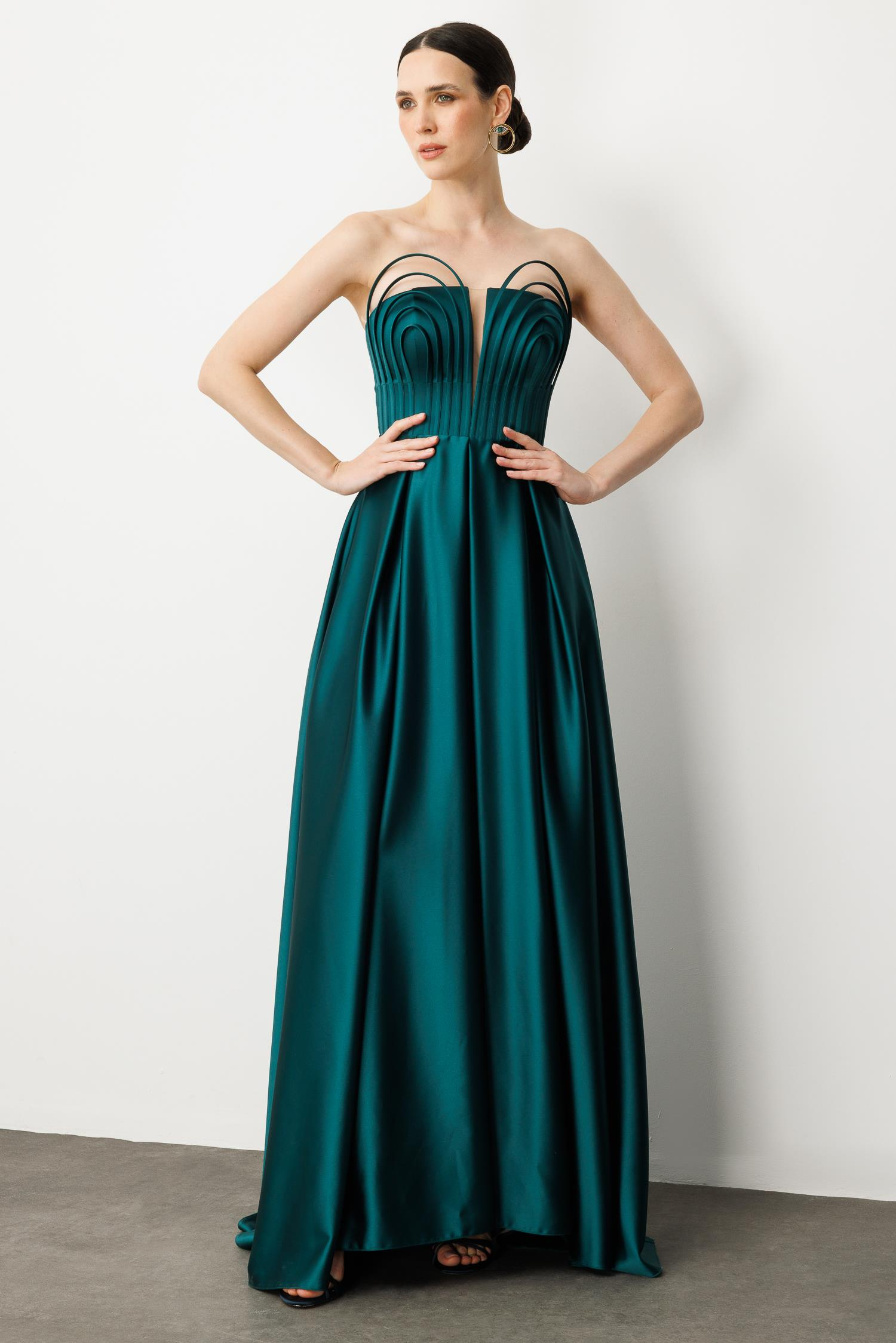 Göğüs Detaylı Abiye Elbise-ZÜMRÜT