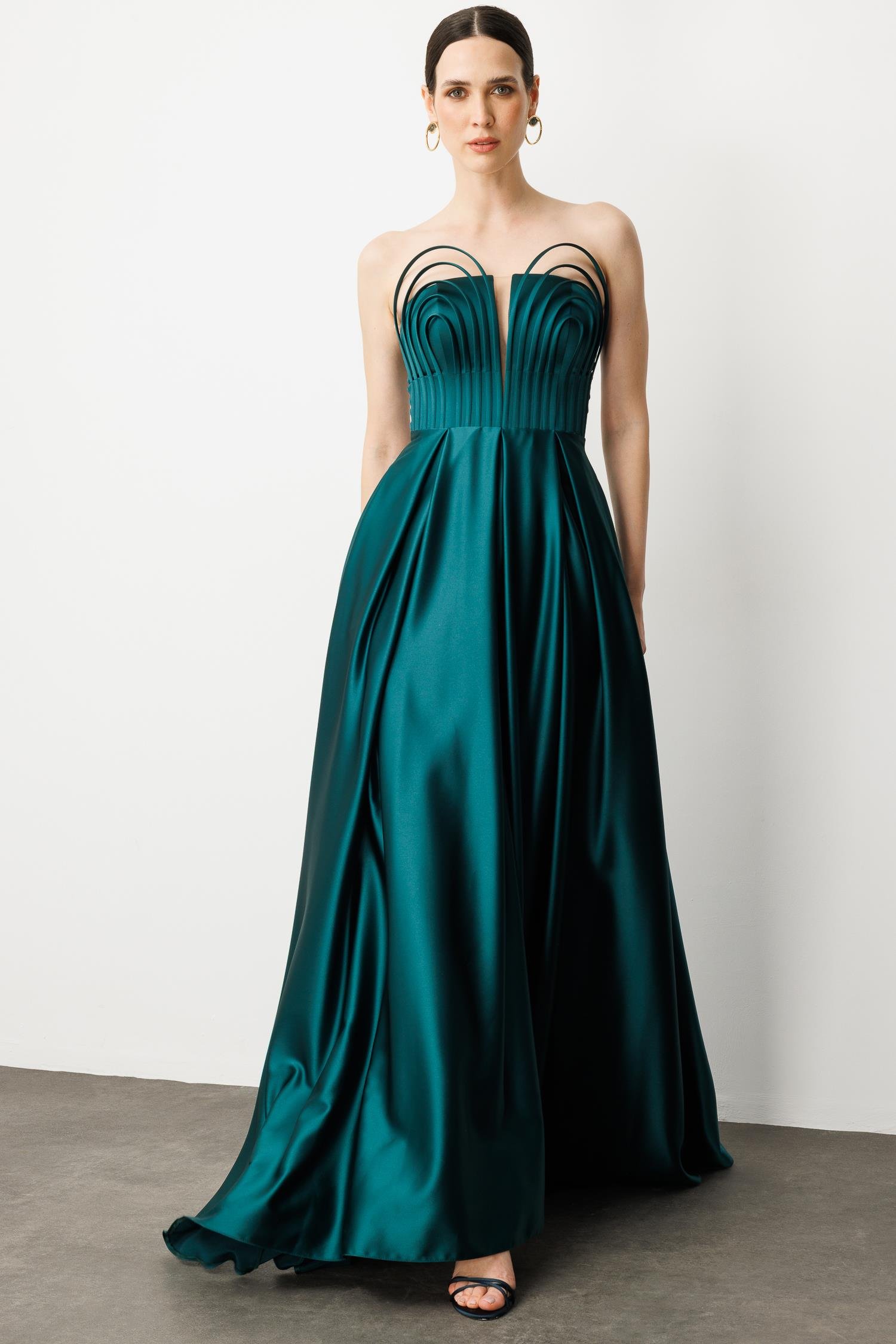 Göğüs Detaylı Abiye Elbise-ZÜMRÜT