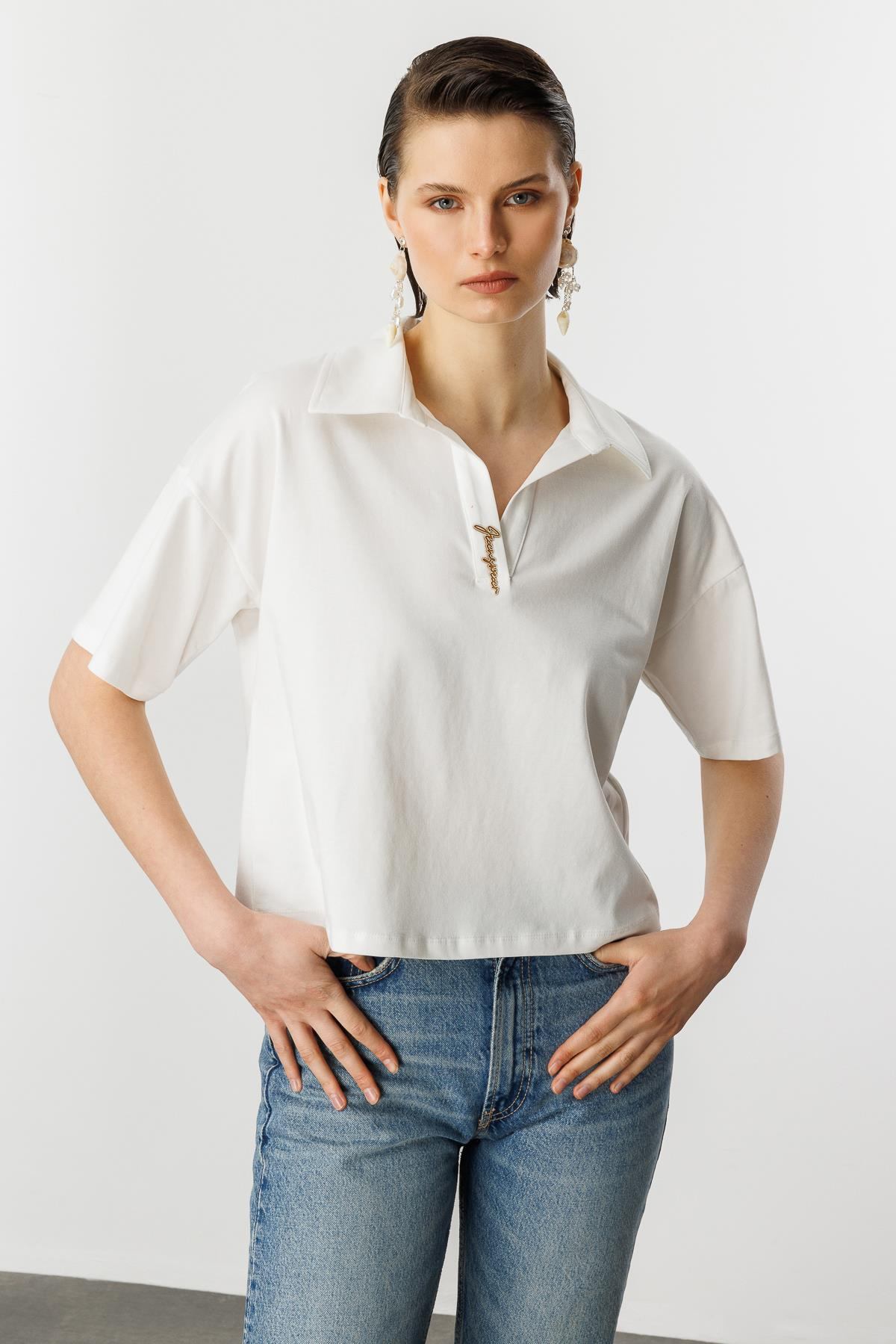 Gömlek Yaka Pamuklu Bluz-KEMIK