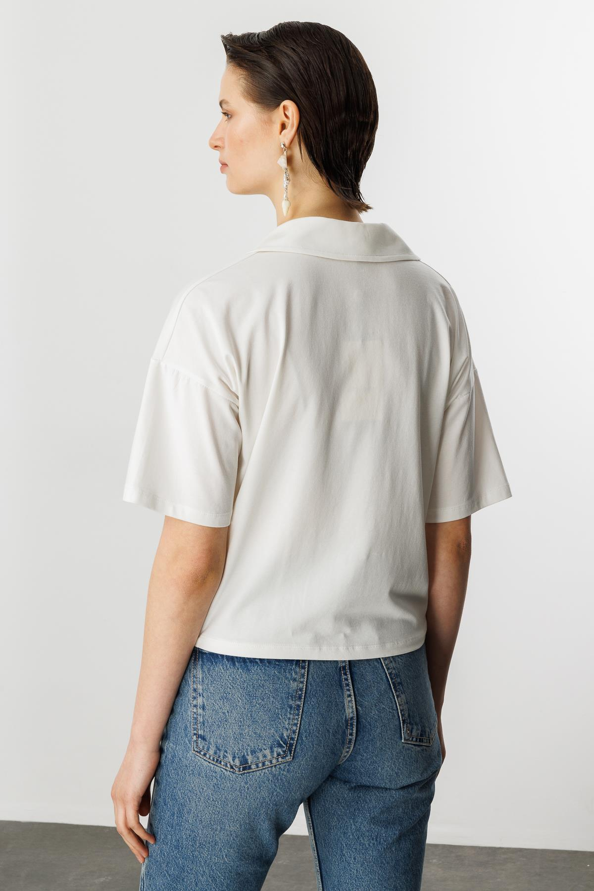 Gömlek Yaka Pamuklu Bluz-KEMIK