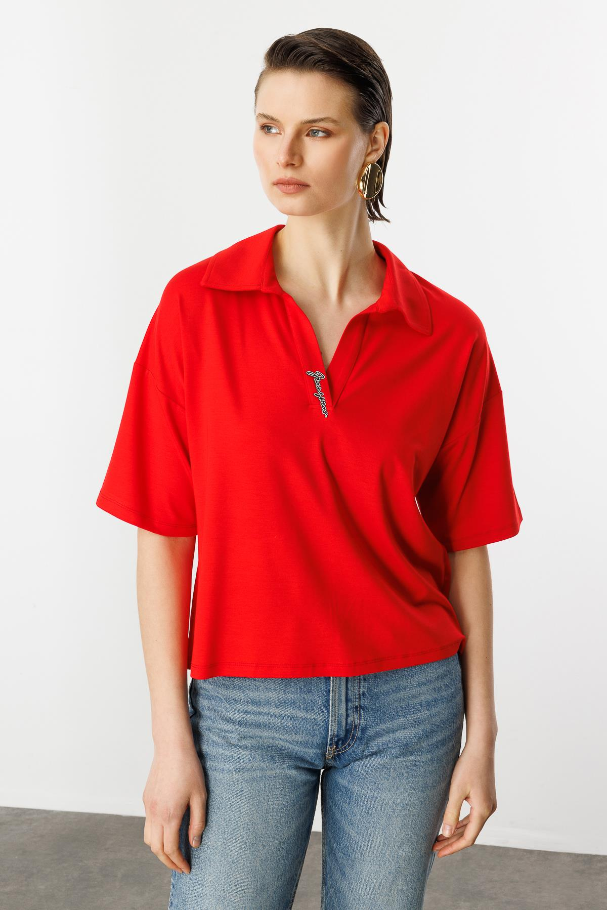 Gömlek Yaka Pamuklu Bluz-KIRMIZI