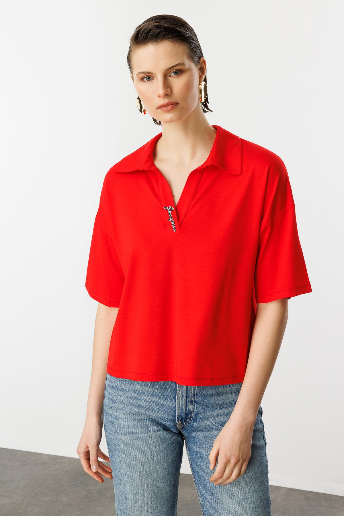 Gömlek Yaka Pamuklu Bluz-KIRMIZI