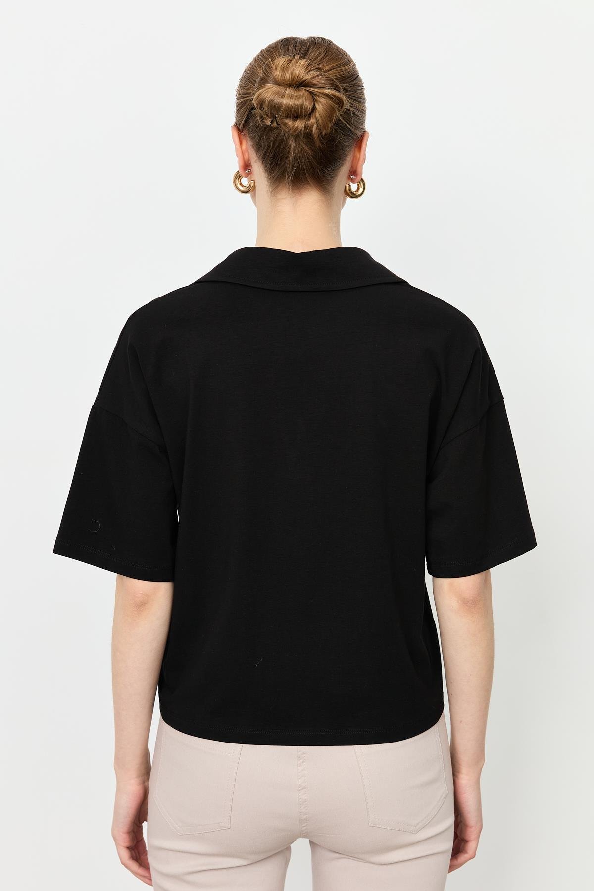 Gömlek Yaka Pamuklu Bluz-SİYAH