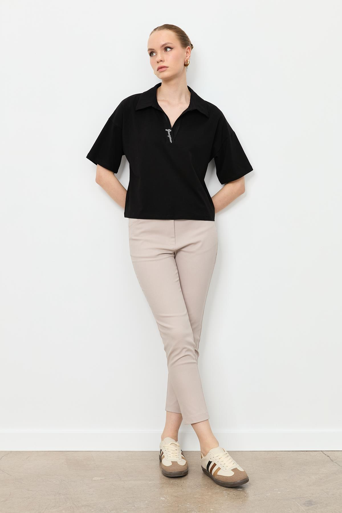 Gömlek Yaka Pamuklu Bluz-SİYAH