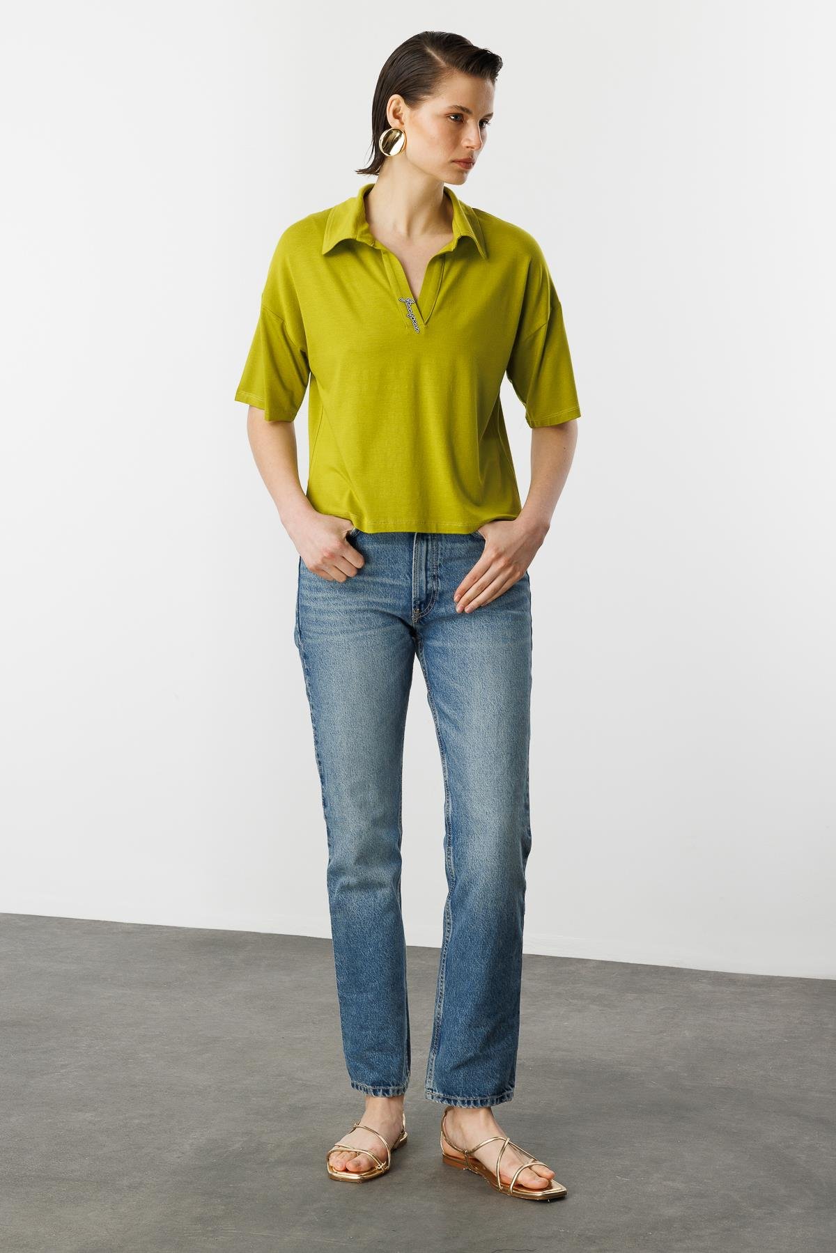 Gömlek Yaka Pamuklu Bluz-Y.YEŞİLİ