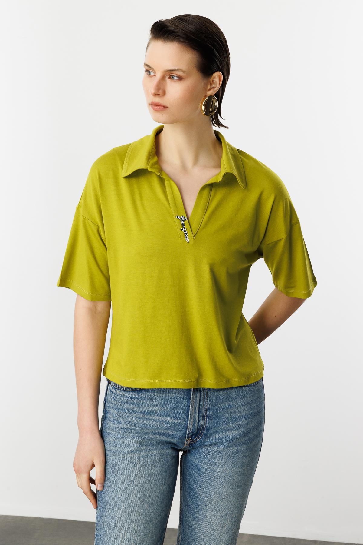 Gömlek Yaka Pamuklu Bluz-Y.YEŞİLİ