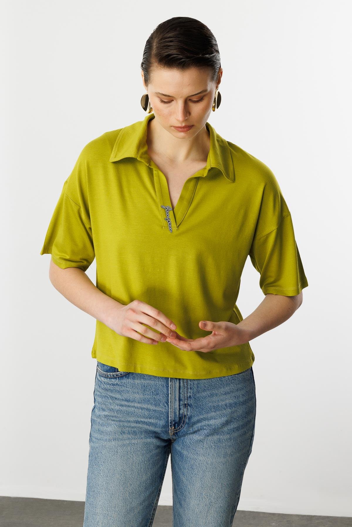 Gömlek Yaka Pamuklu Bluz-Y.YEŞİLİ