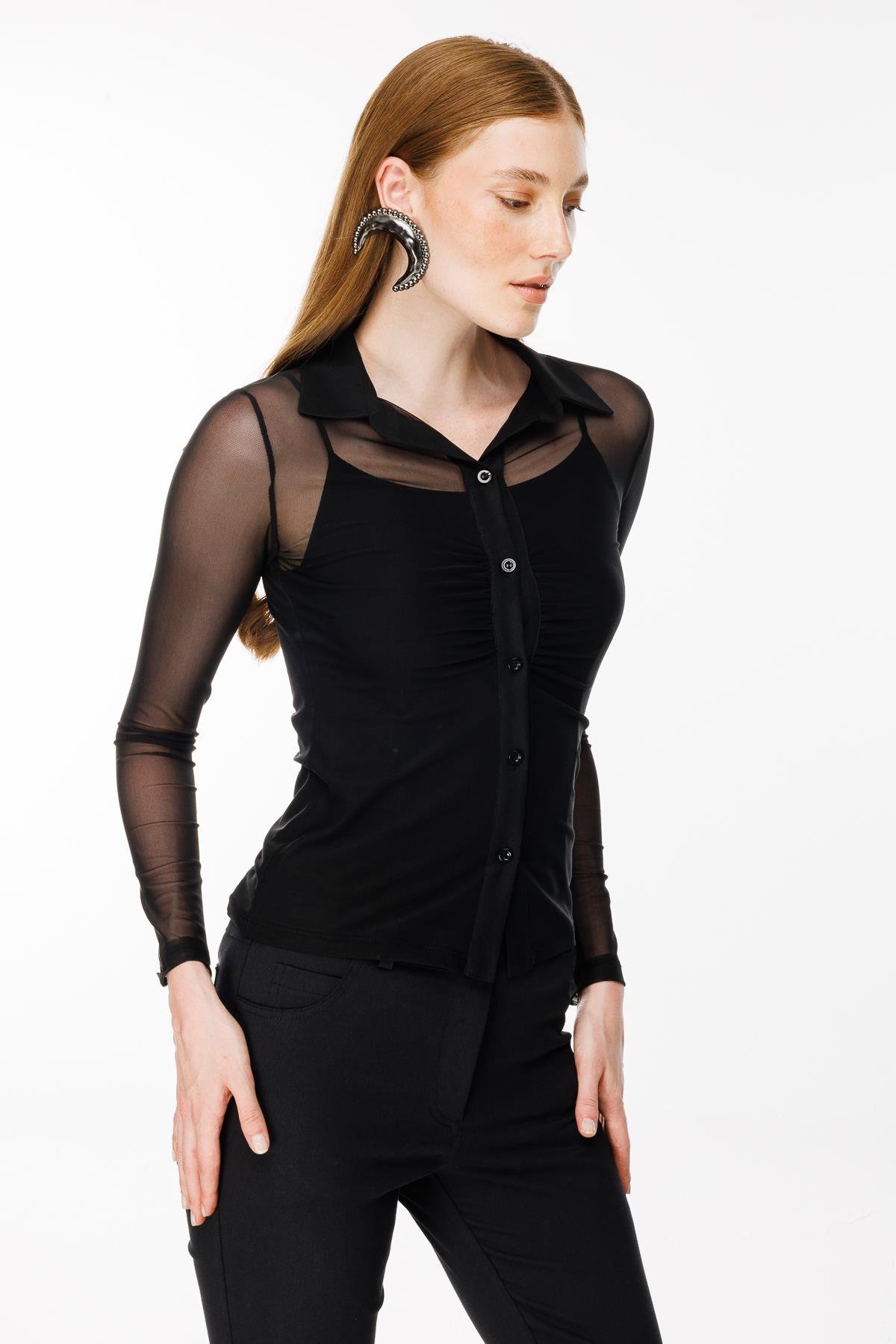 Gömlek Yaka Tül Bluz - SİYAH