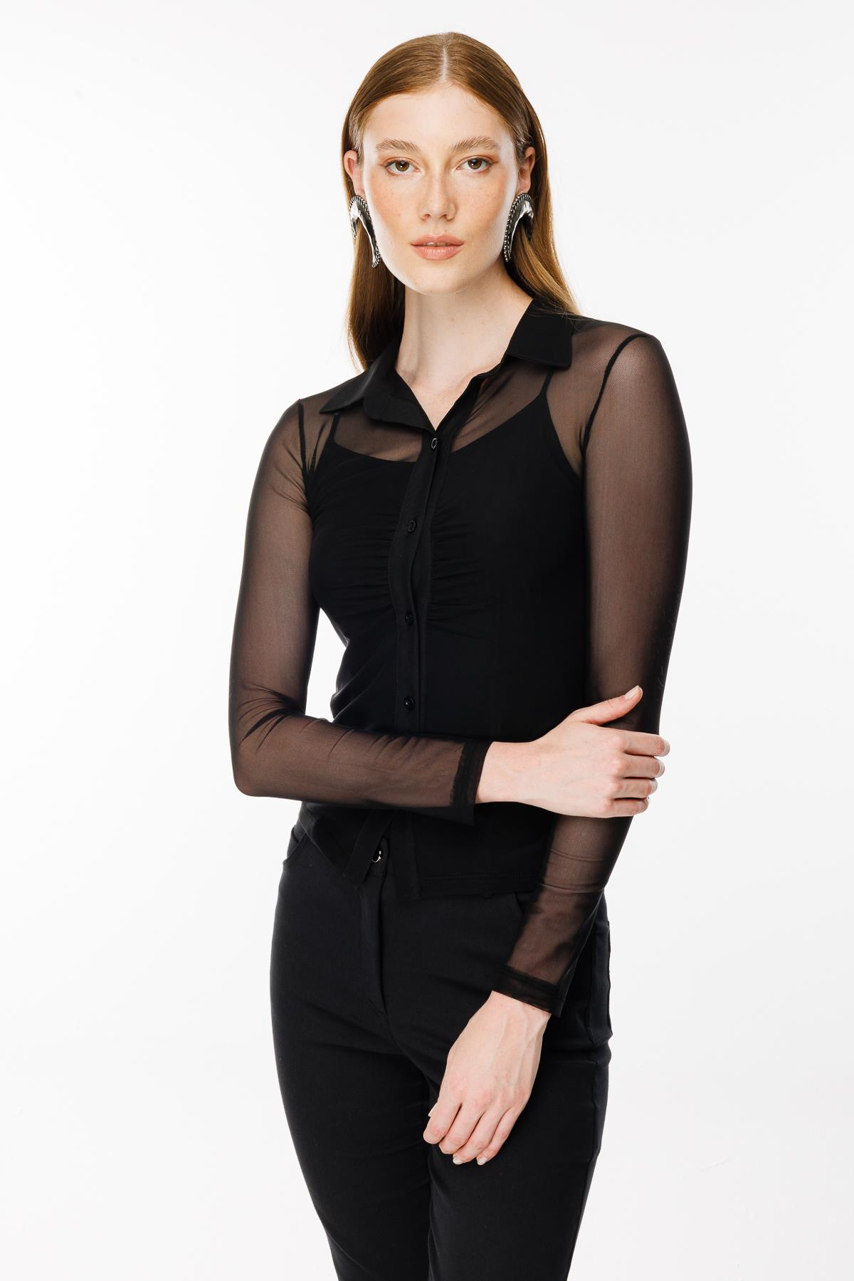 Gömlek Yaka Tül Bluz - SİYAH