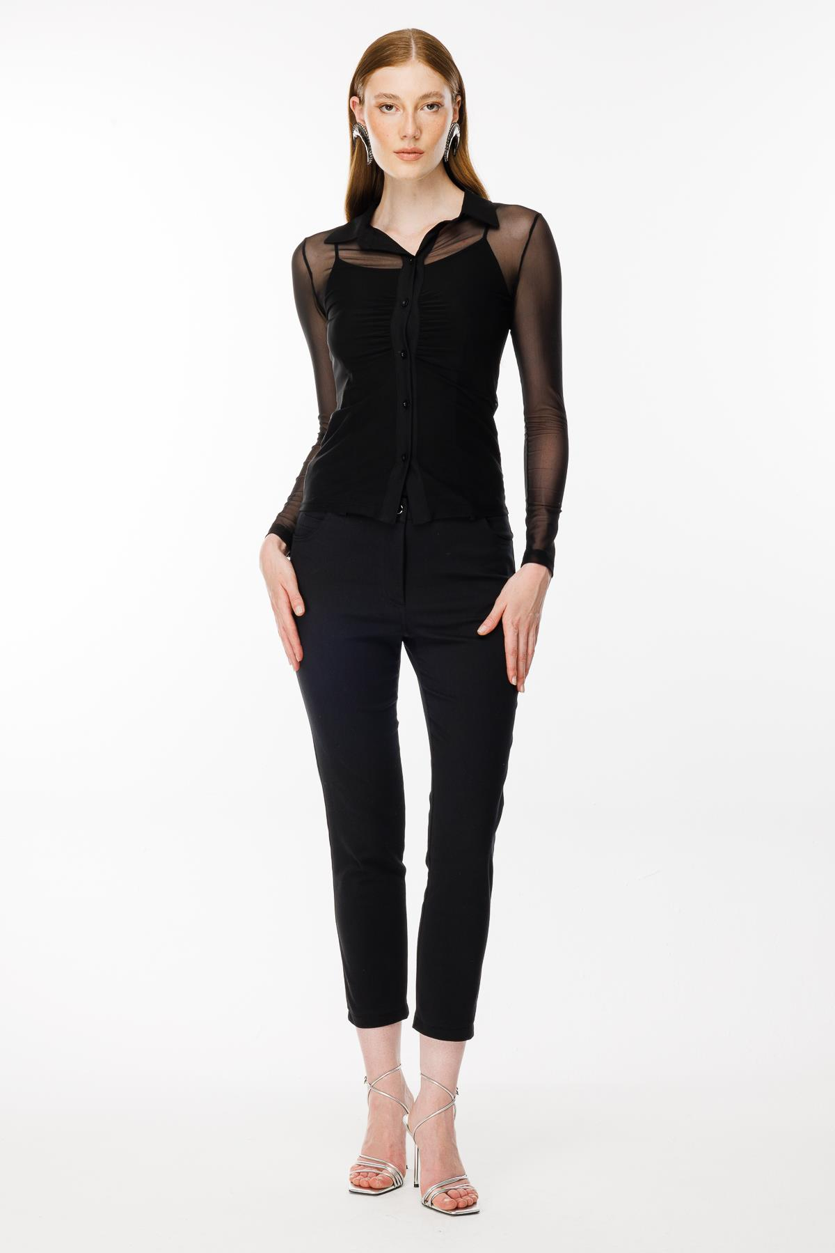 Gömlek Yaka Tül Bluz - SİYAH