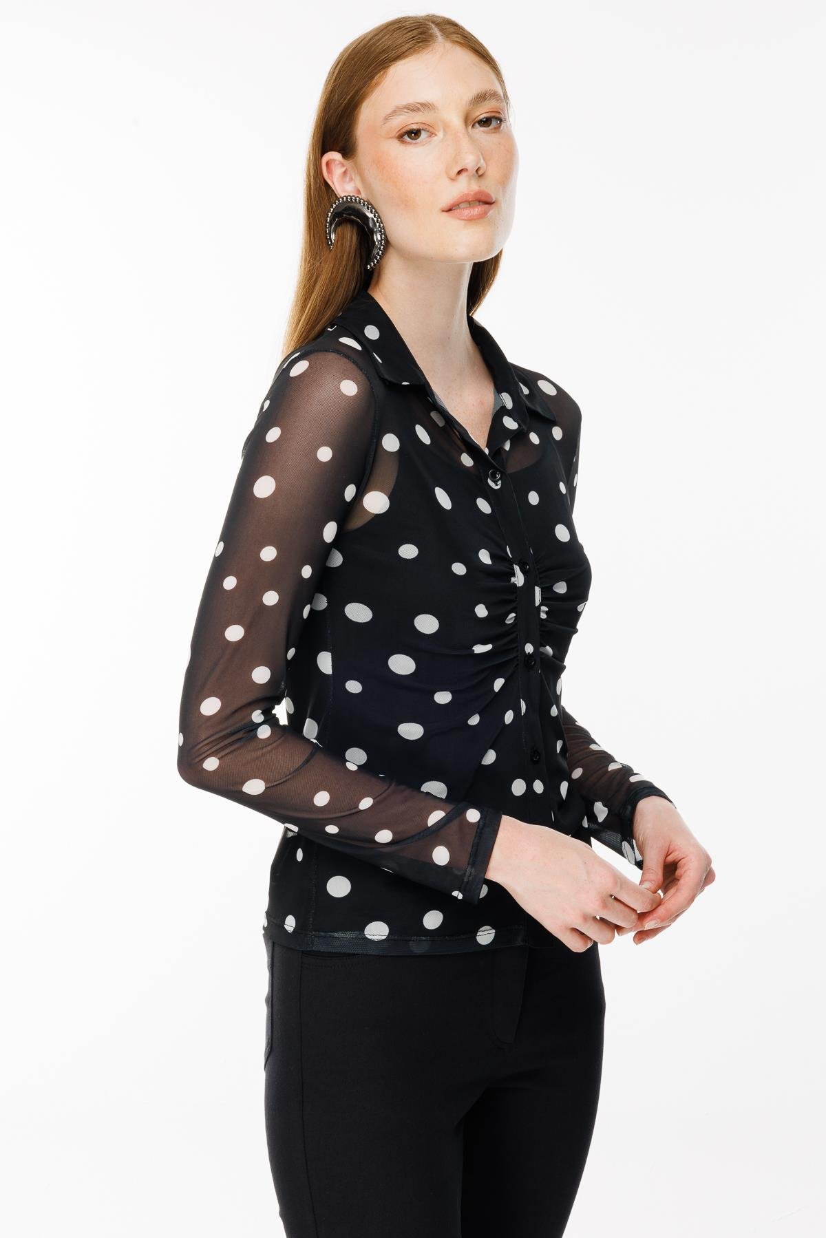 Gömlek Yaka Tül Bluz - SİYAH/BEYAZ