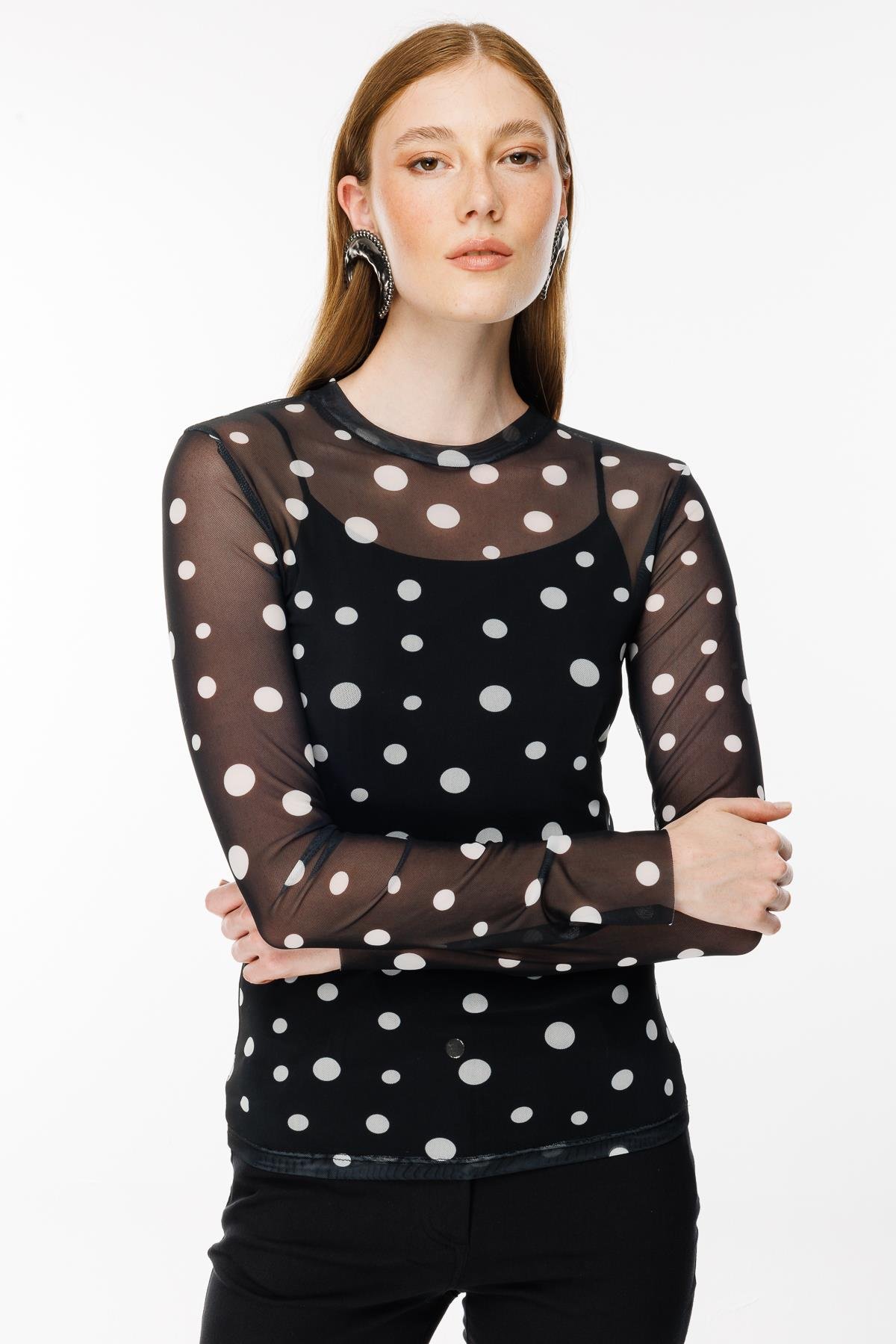 Gömlek Yaka Tül Bluz - SİYAH/BEYAZ