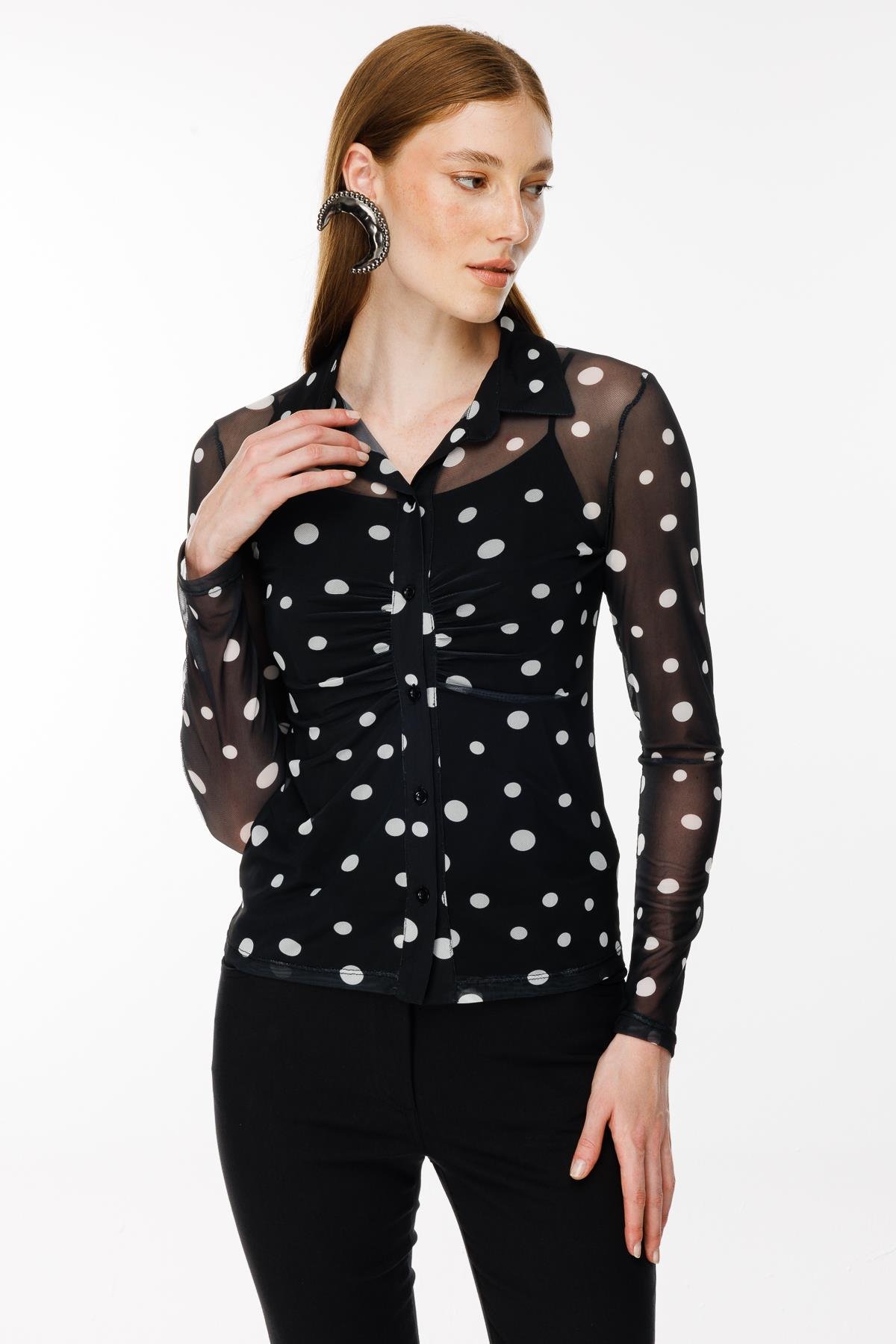 Gömlek Yaka Tül Bluz - SİYAH/BEYAZ