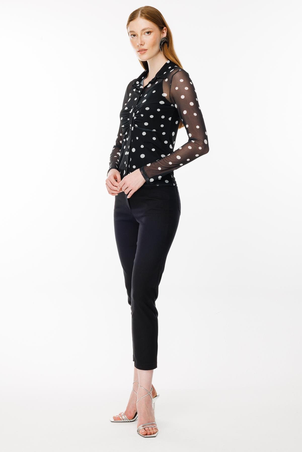 Gömlek Yaka Tül Bluz - SİYAH/BEYAZ