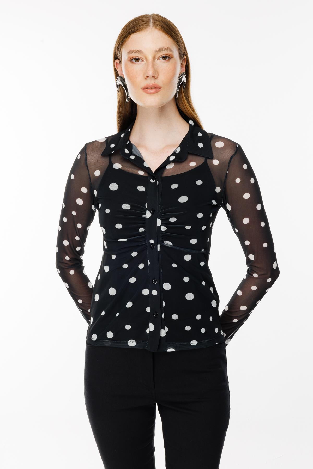 Gömlek Yaka Tül Bluz - SİYAH/BEYAZ