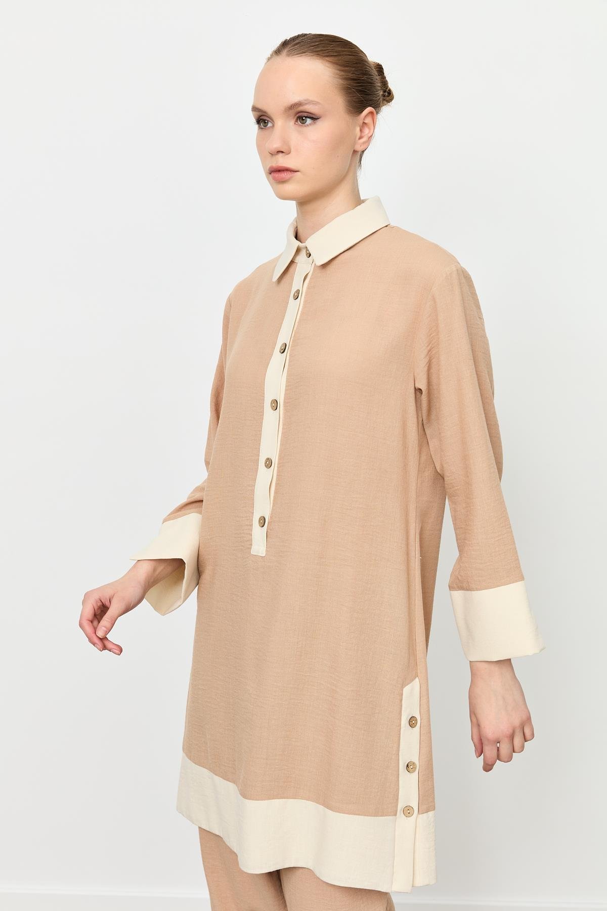 Gömlek Yaka Yarım Patlı Tunik-CAMEL