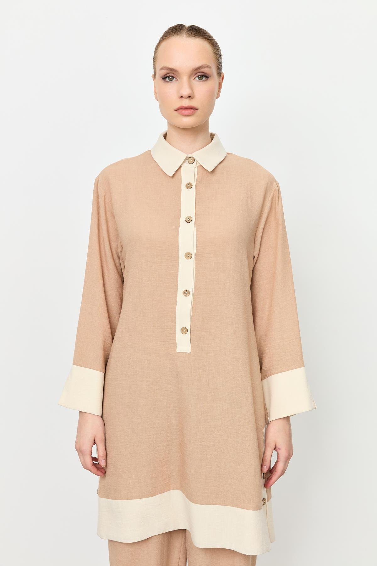 Gömlek Yaka Yarım Patlı Tunik-CAMEL