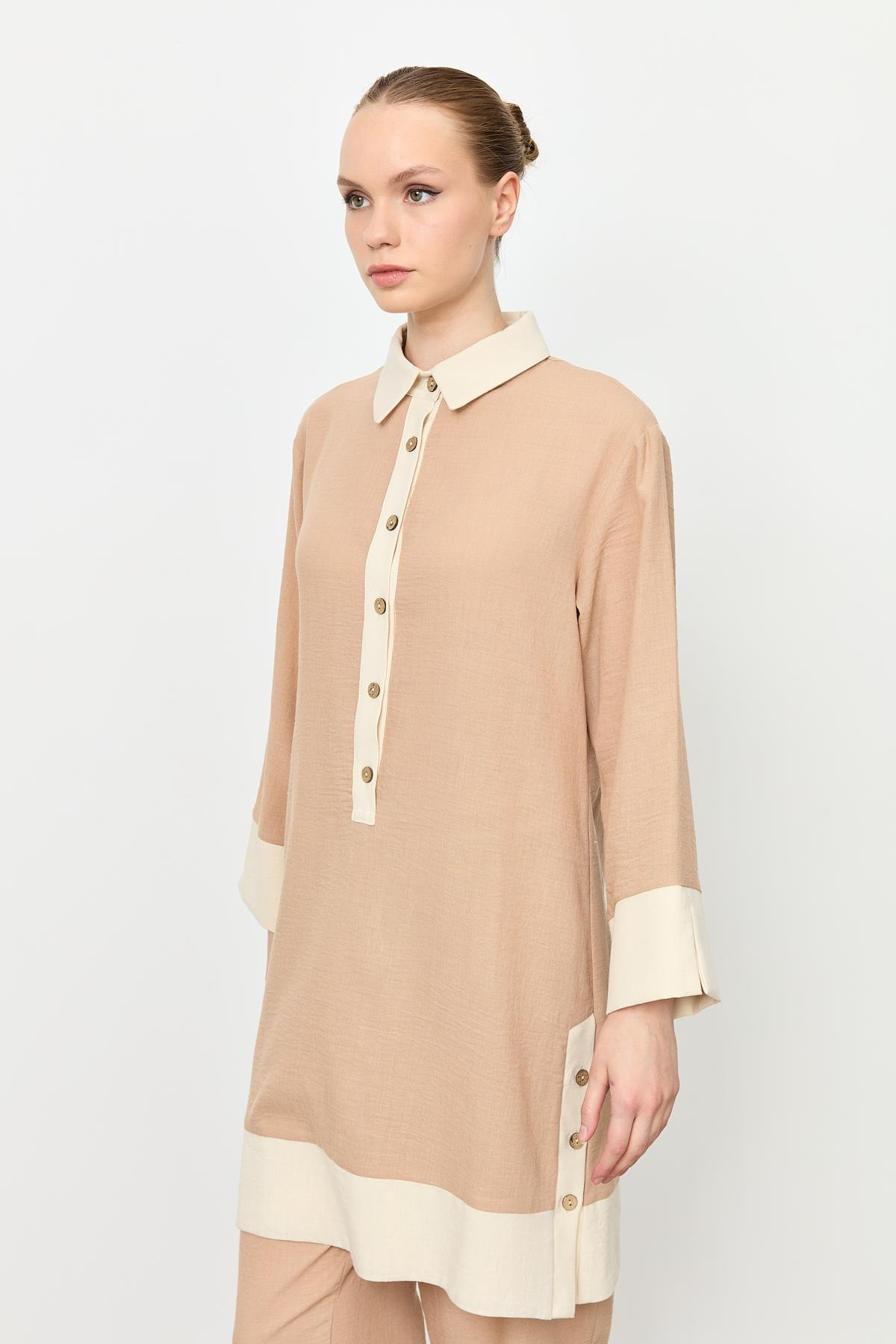 Gömlek Yaka Yarım Patlı Tunik-CAMEL