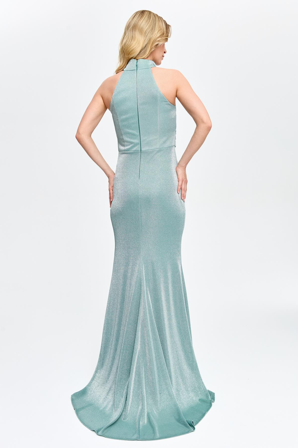 Halter Yaka Simli ve Drape Detaylı Uzun Abiye - MINT