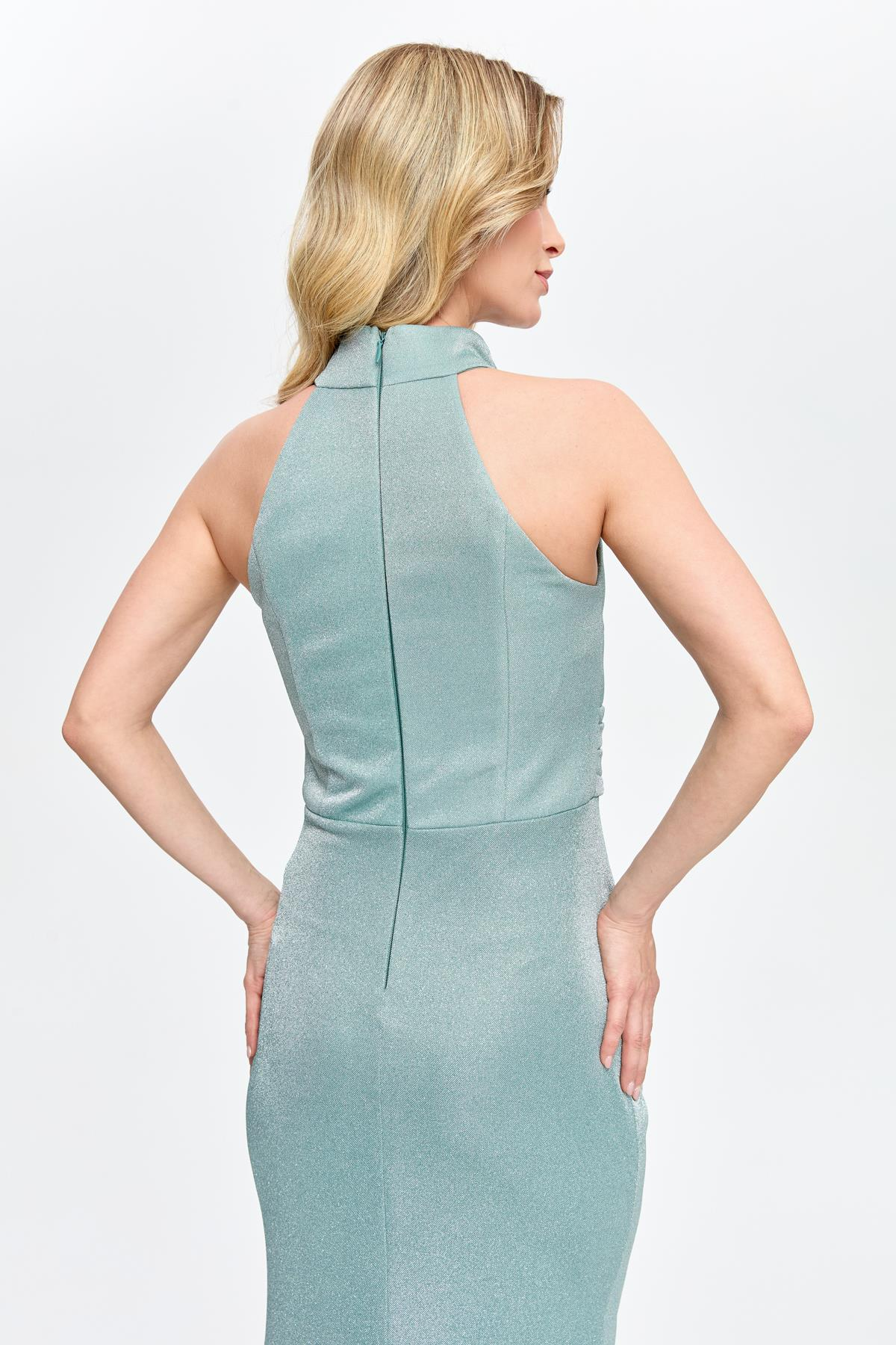 Halter Yaka Simli ve Drape Detaylı Uzun Abiye - MINT