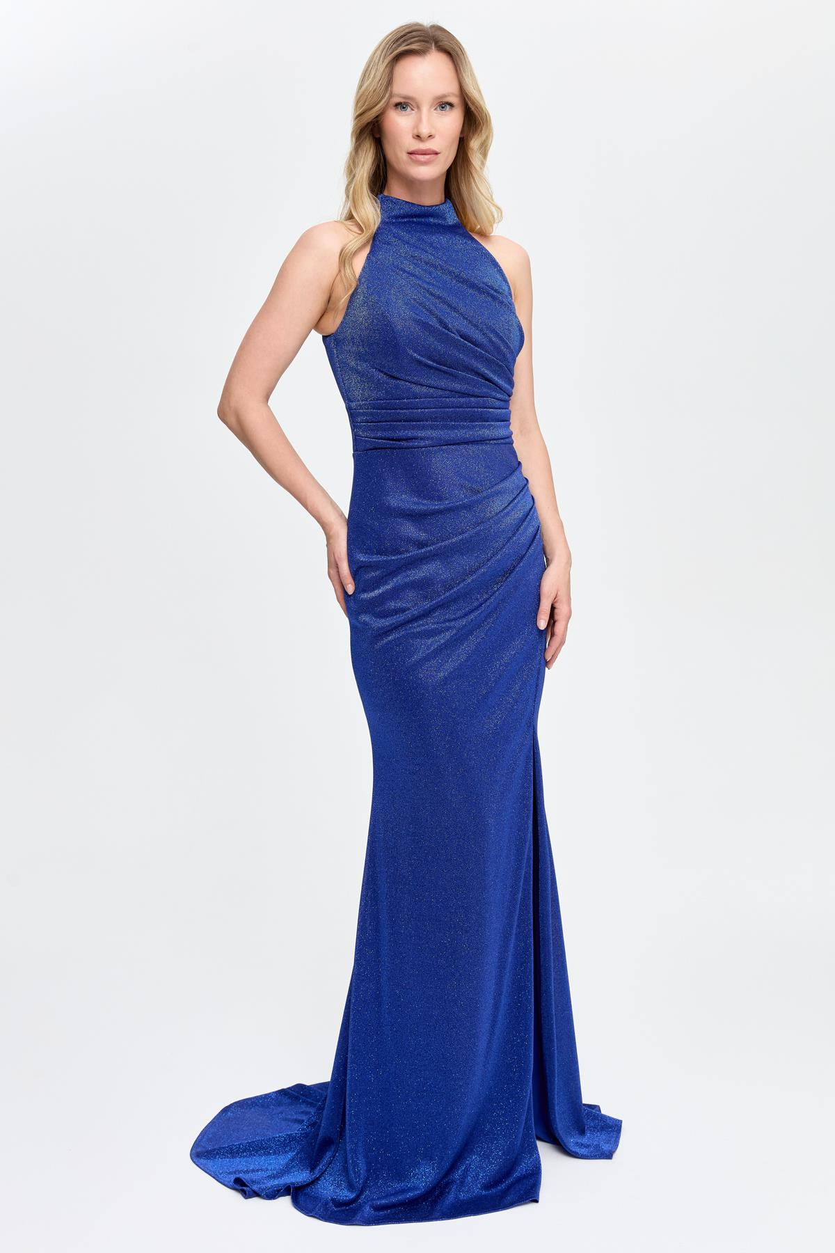 Halter Yaka Simli ve Drape Detaylı Uzun Abiye - SAX