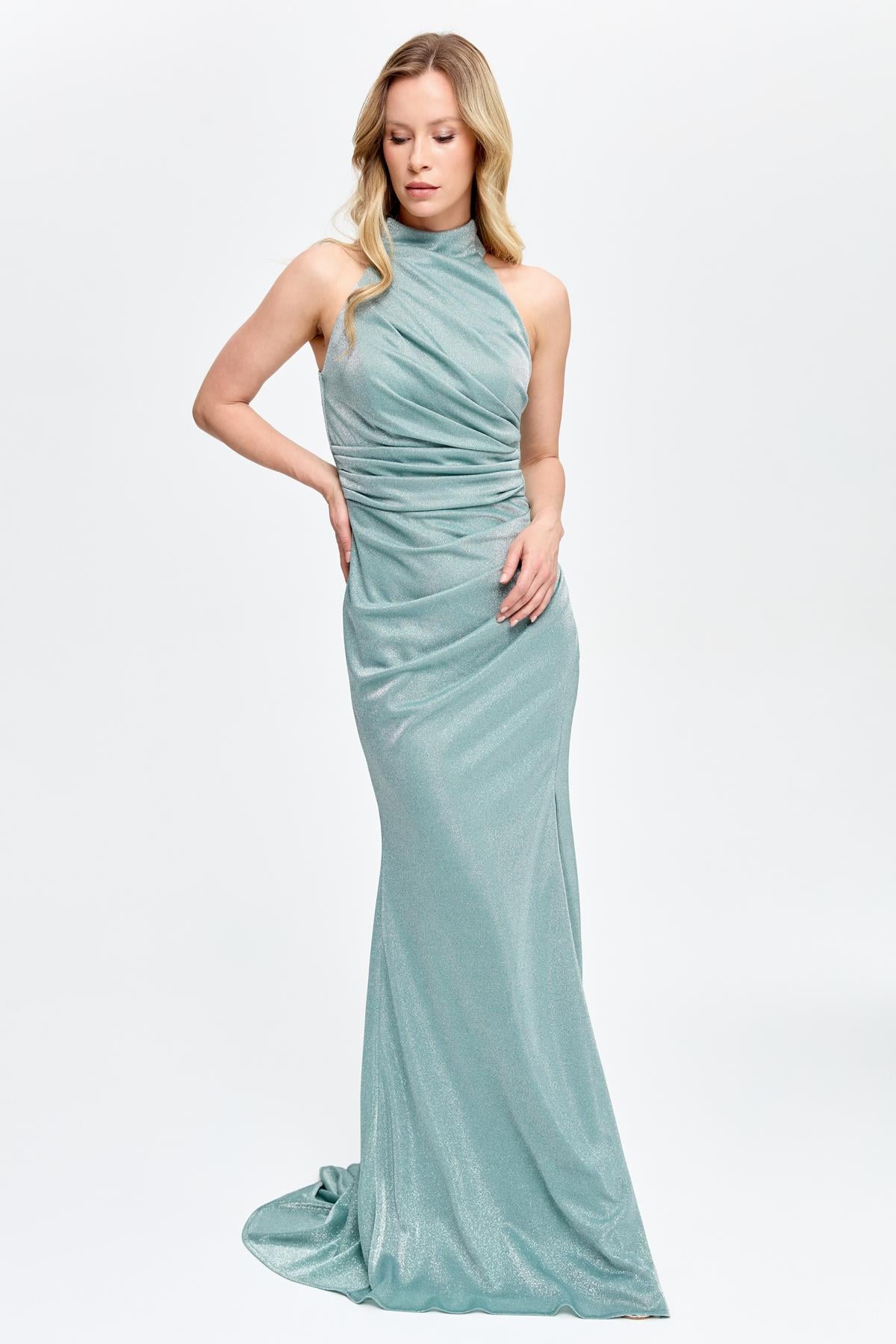 Halter Yaka Simli ve Drape Detaylı Uzun Abiye - MINT