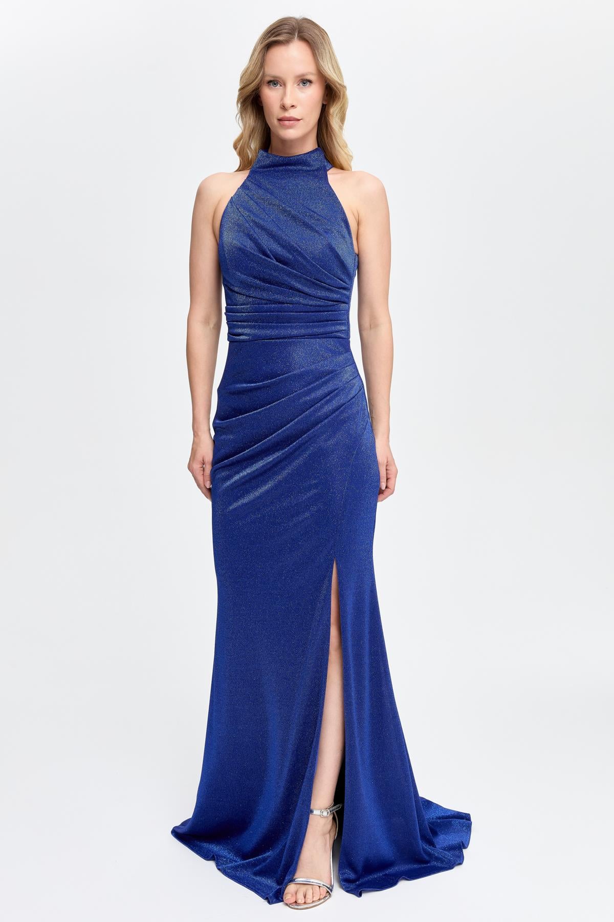 Halter Yaka Simli ve Drape Detaylı Uzun Abiye - SAX