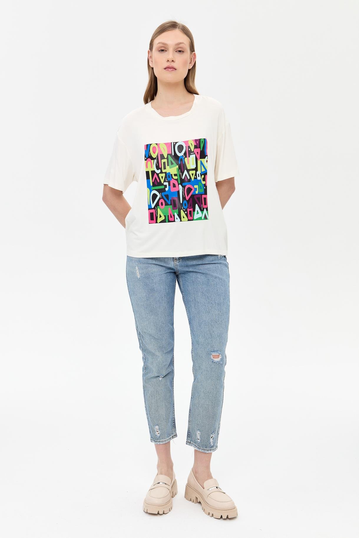 Harf Baskılı Kısa Kollu Tişört - KEMIK