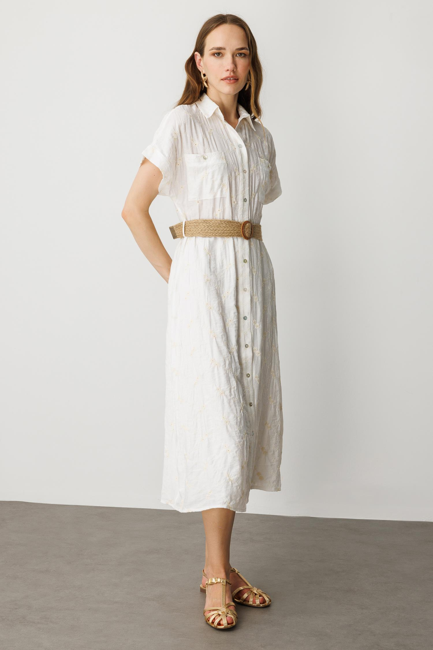 Hasır Kemer Detay Pamuklu Elbise-KREM