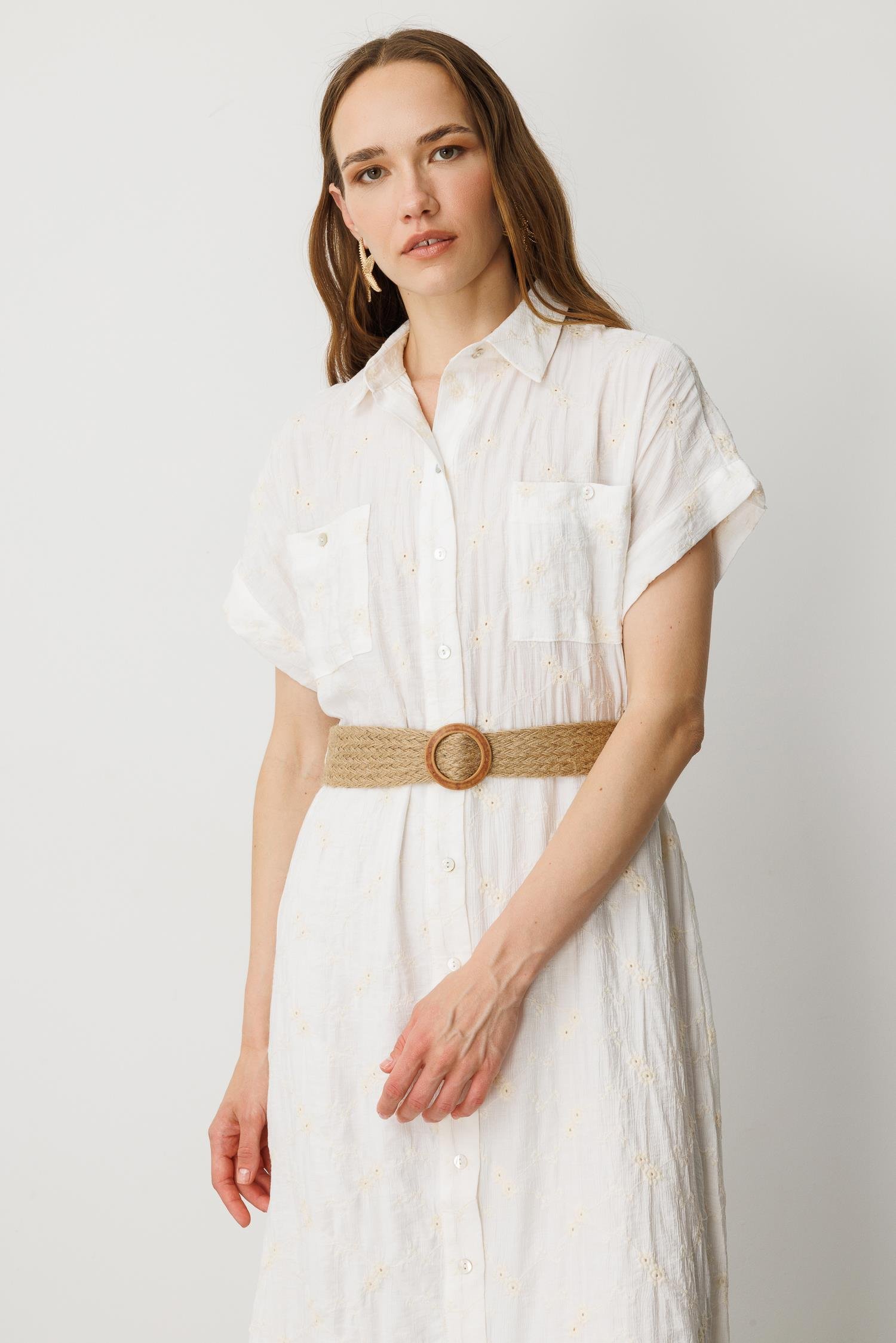 Hasır Kemer Detay Pamuklu Elbise-KREM