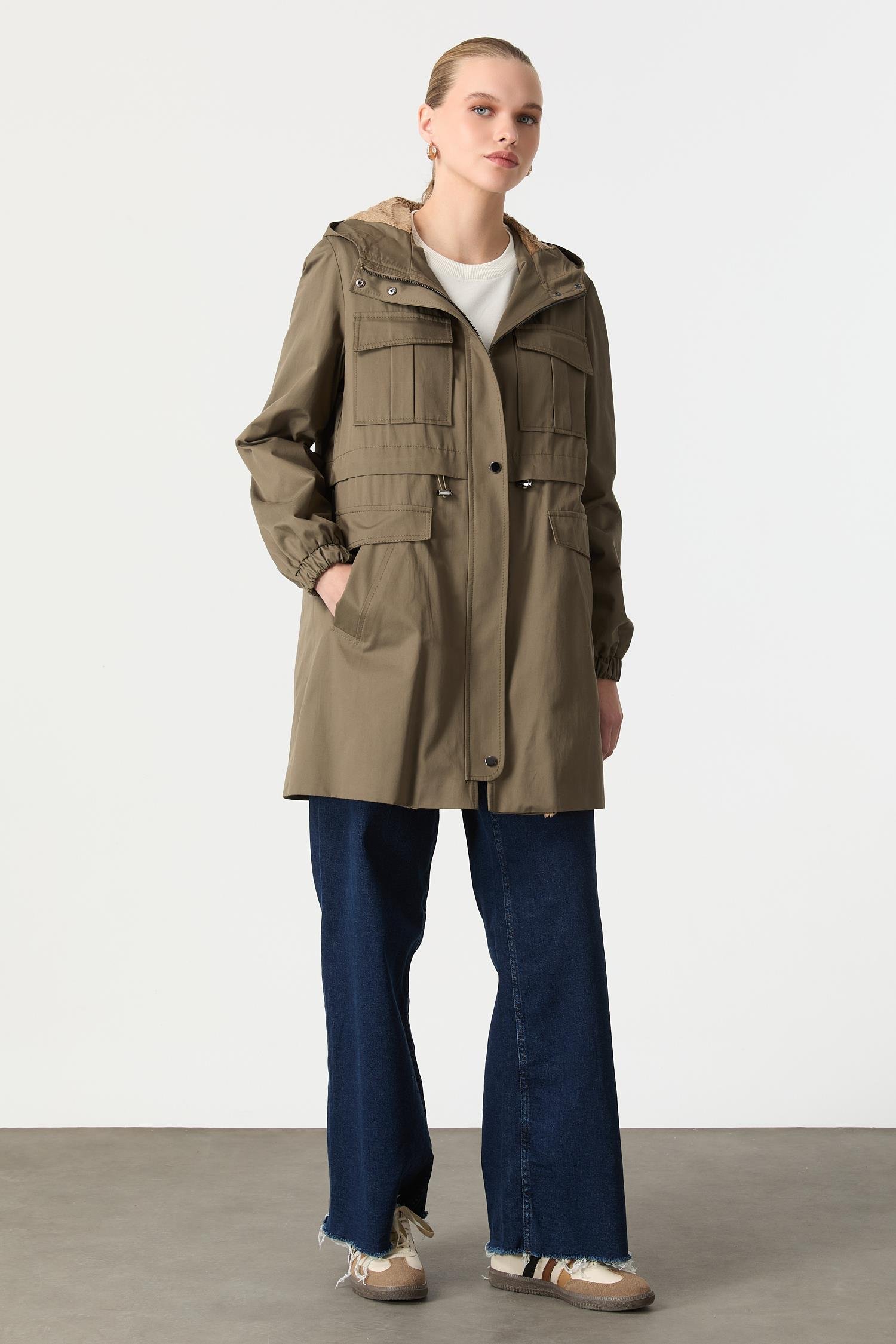 İçi Peluş Kapüşonlu Trenç-HAKİ