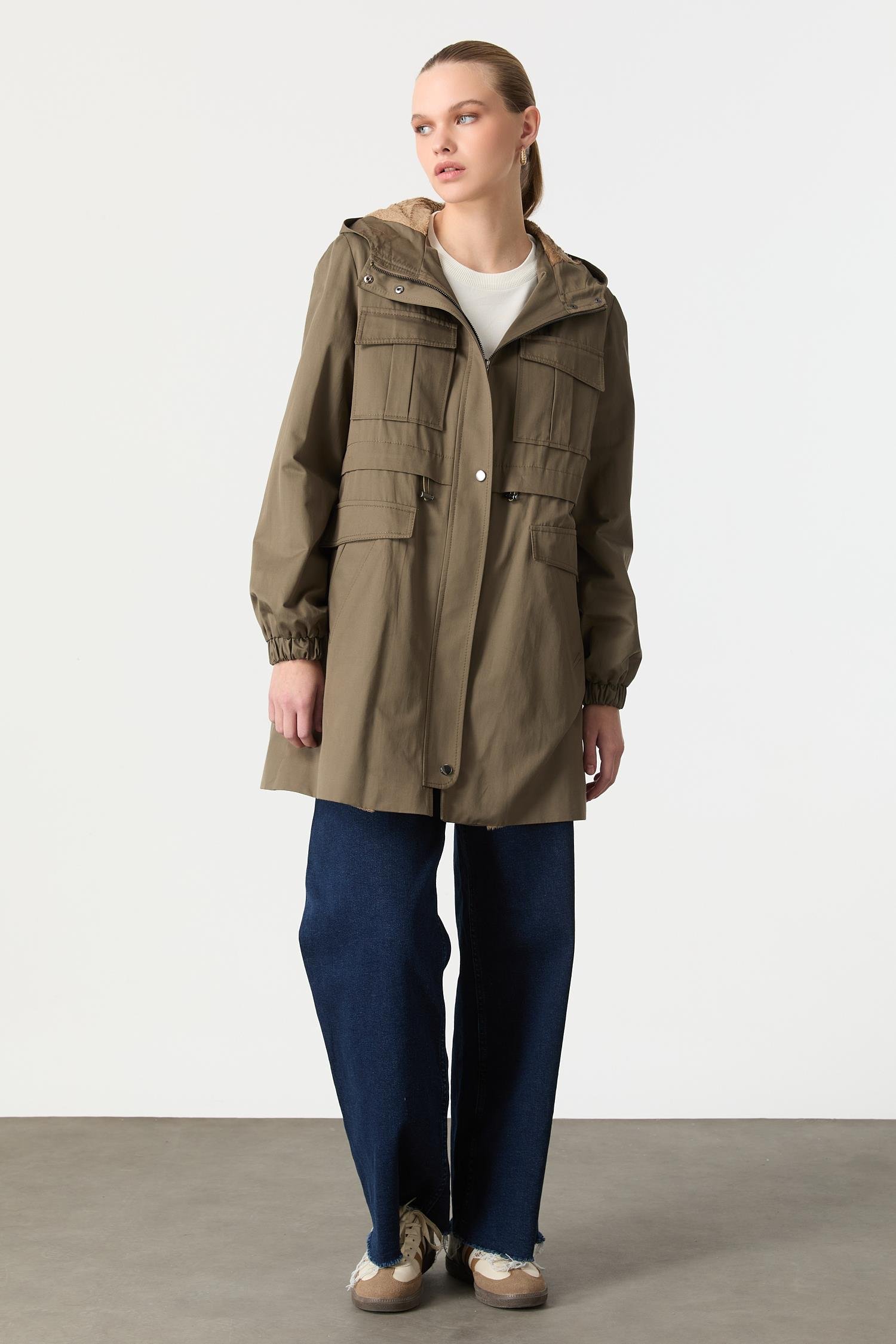 İçi Peluş Kapüşonlu Trenç-HAKİ