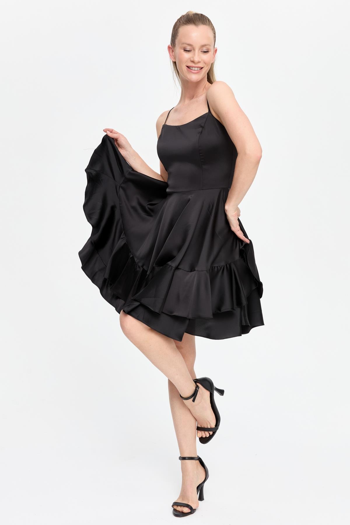 İp Askılı Eteği Volanlı Kısa Abiye - SİYAH