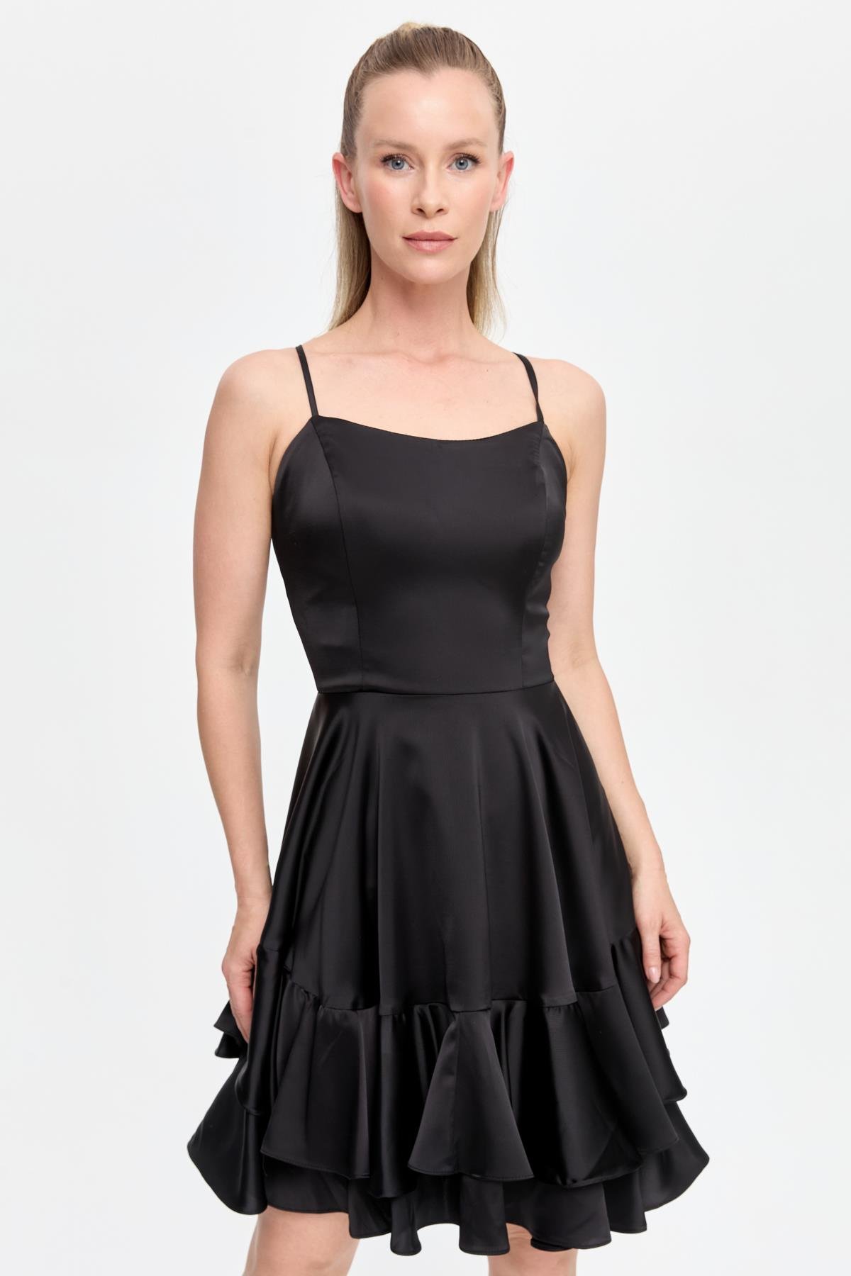 İp Askılı Eteği Volanlı Kısa Abiye - SİYAH