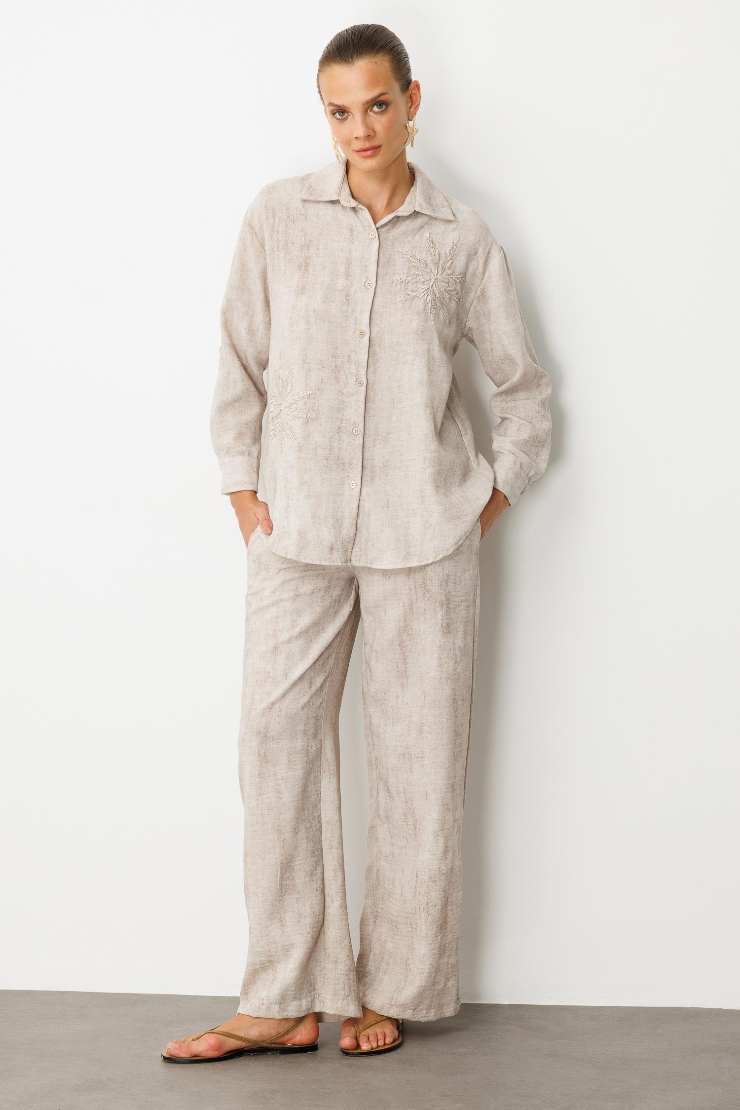 İşleme Detaylı Keten Görünüm Takım-VİZON