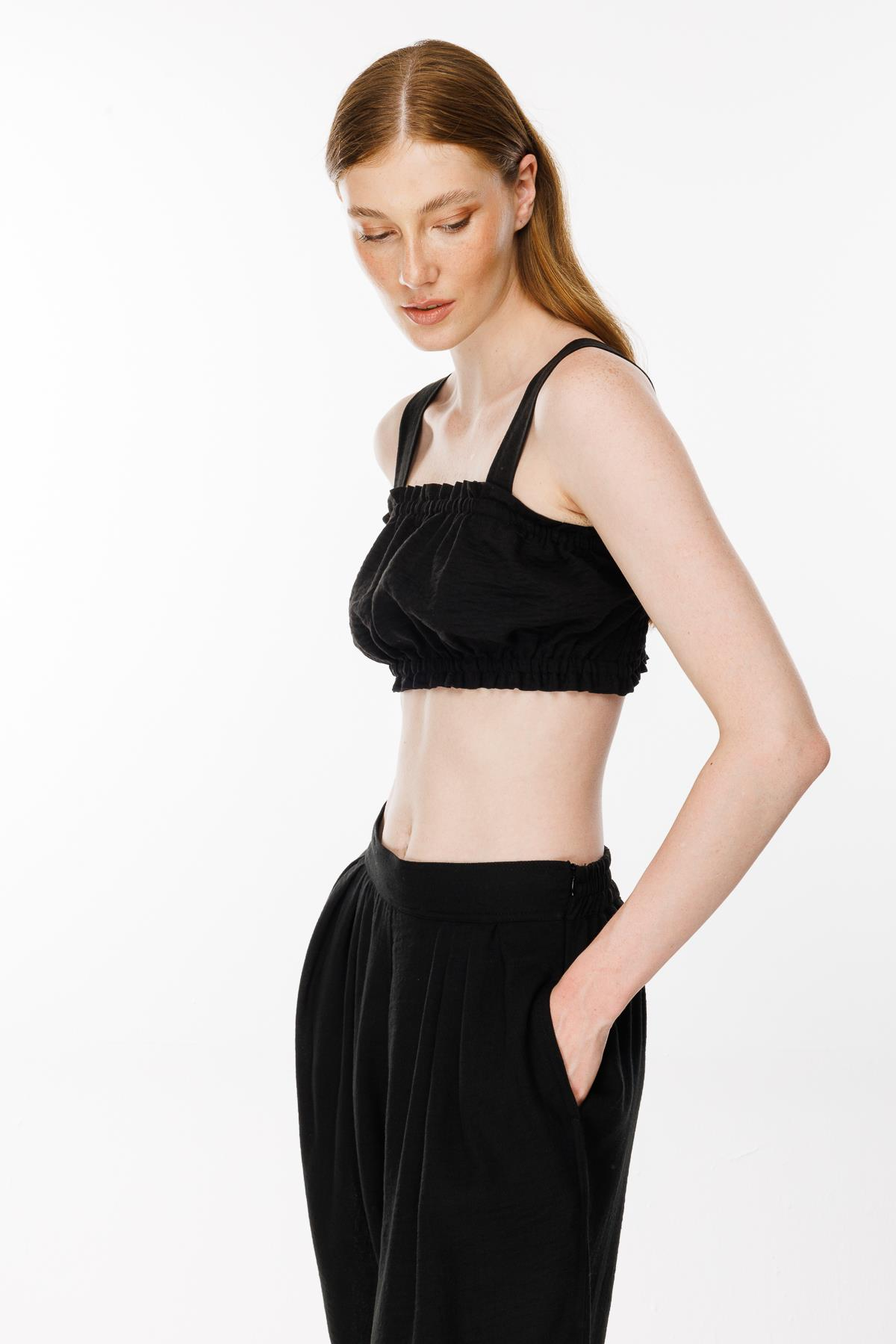 Kalın Askılı Keten Crop Bluz - SİYAH