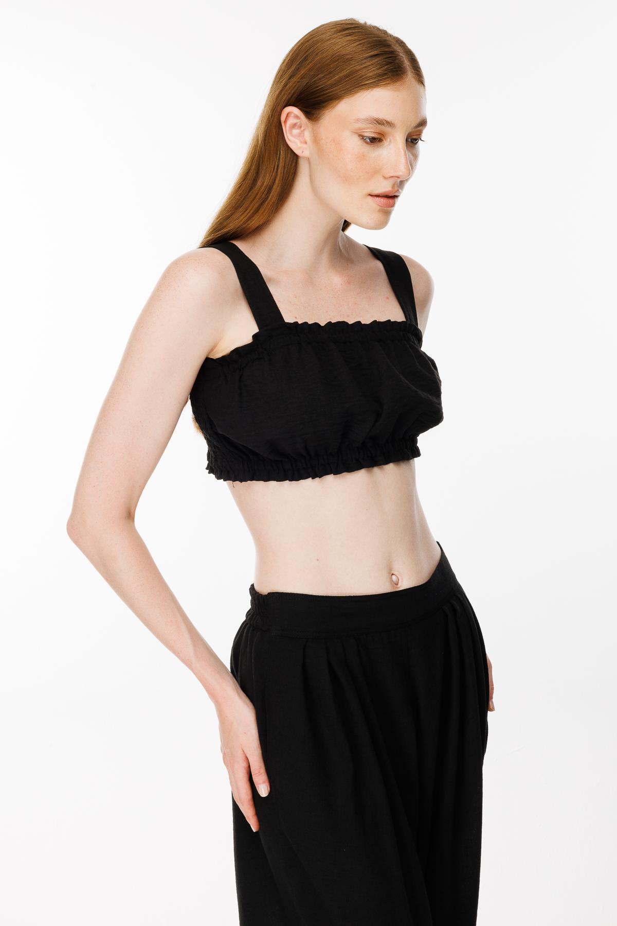 Kalın Askılı Keten Crop Bluz - SİYAH