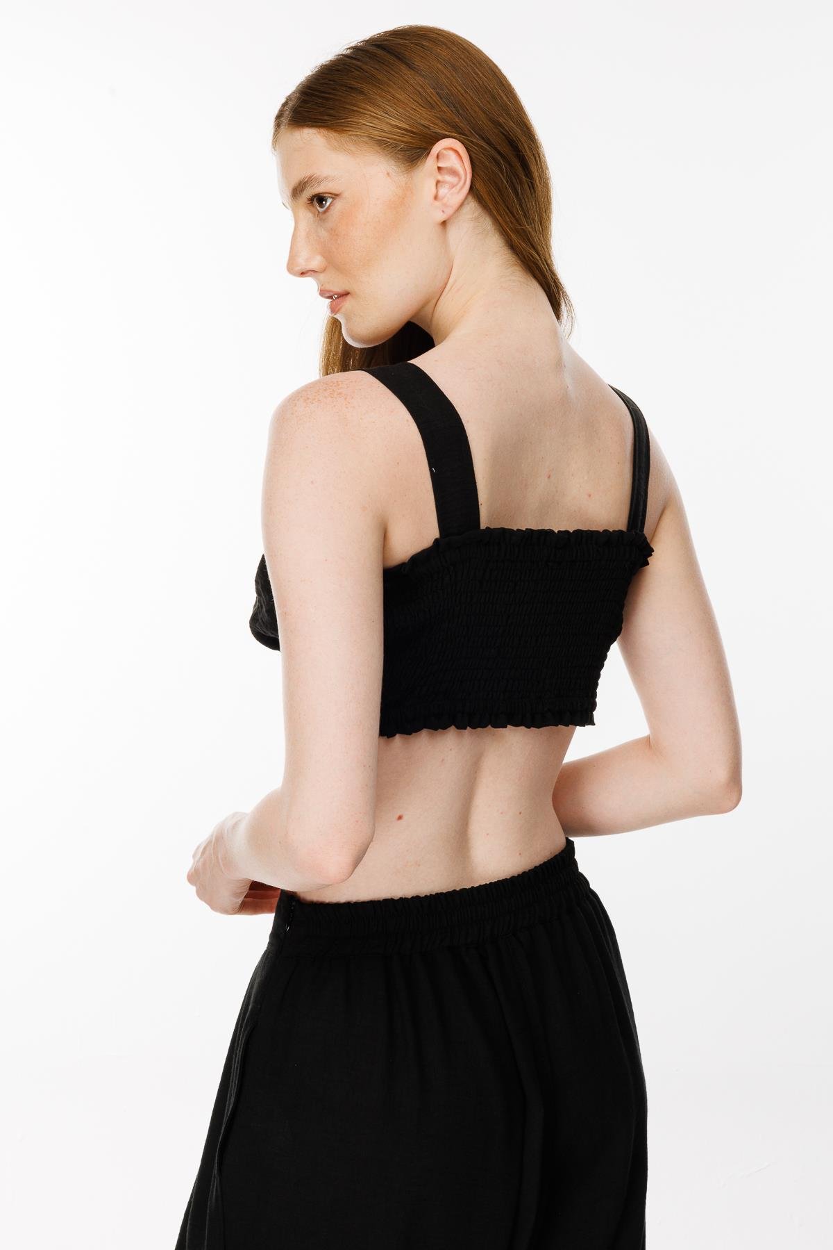 Kalın Askılı Keten Crop Bluz - SİYAH