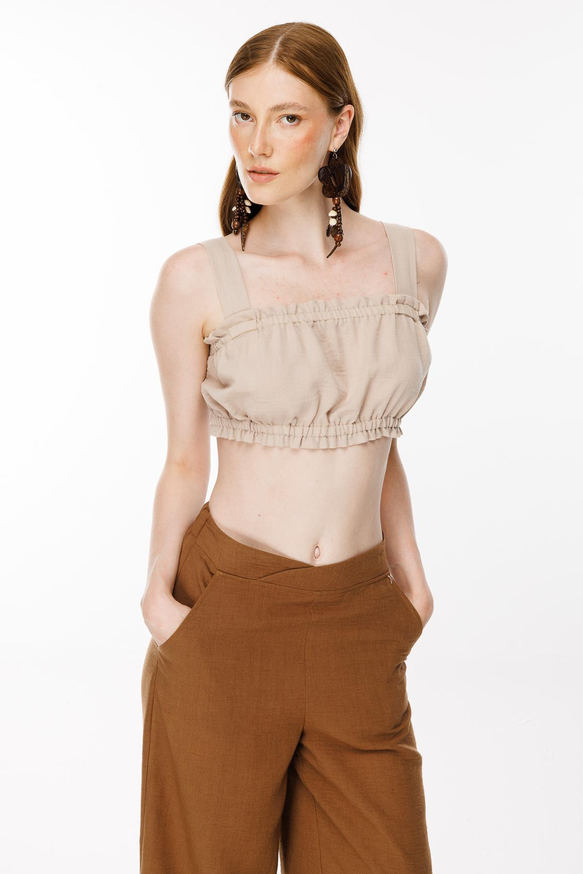 Kalın Askılı Keten Crop Bluz - TAŞ