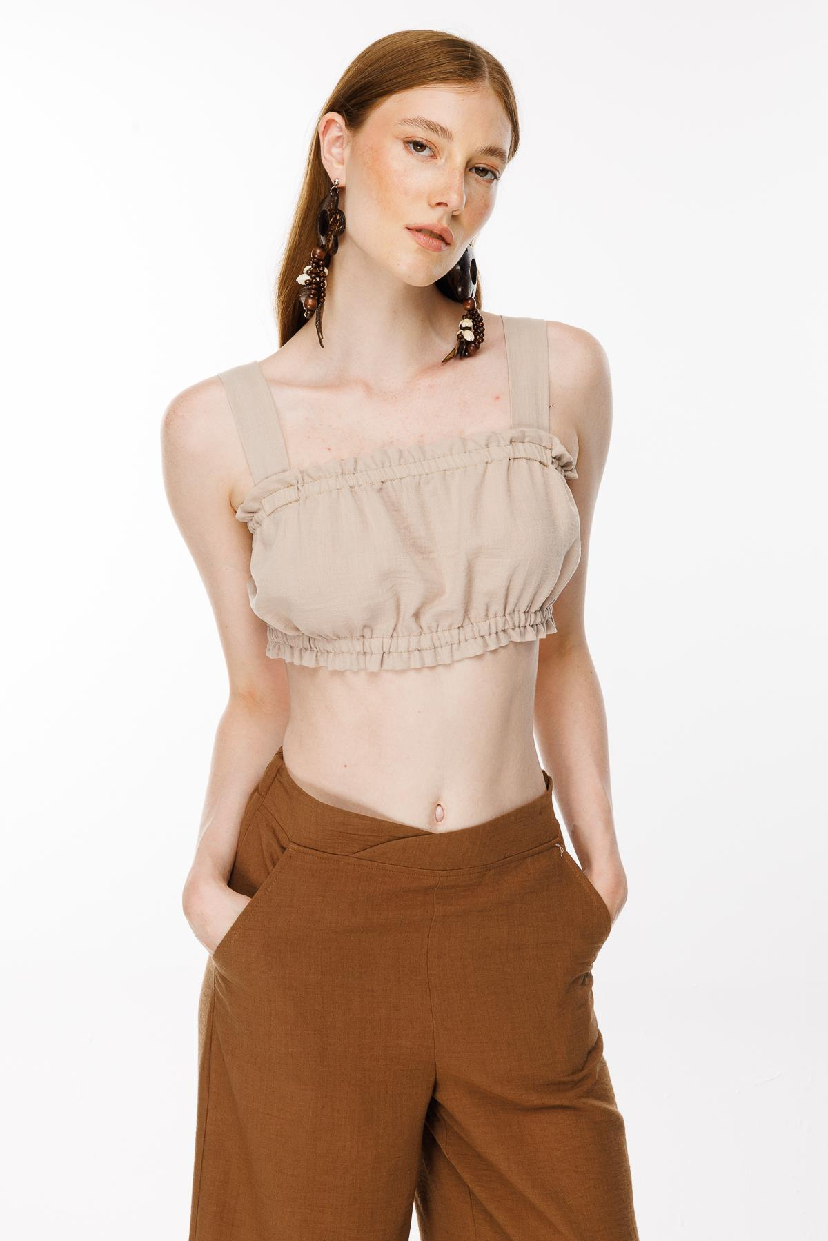 Kalın Askılı Keten Crop Bluz - TAŞ